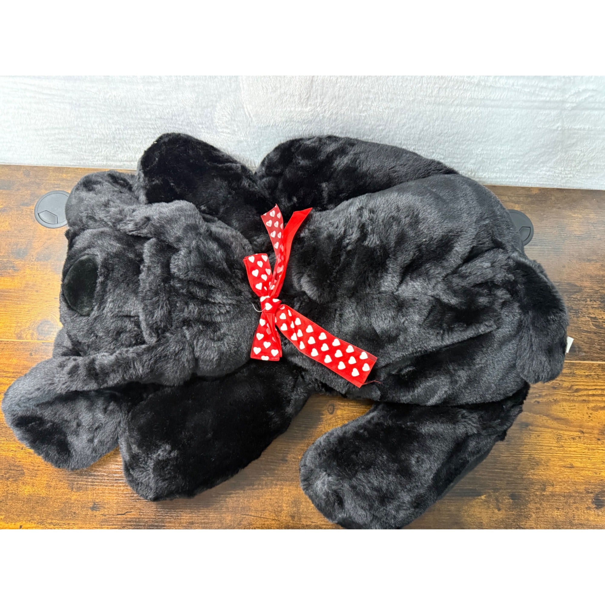 Vintage Black Plush Stuffed Dog With Red Heart Bow Tie - Soft Cuddly 28 Inches