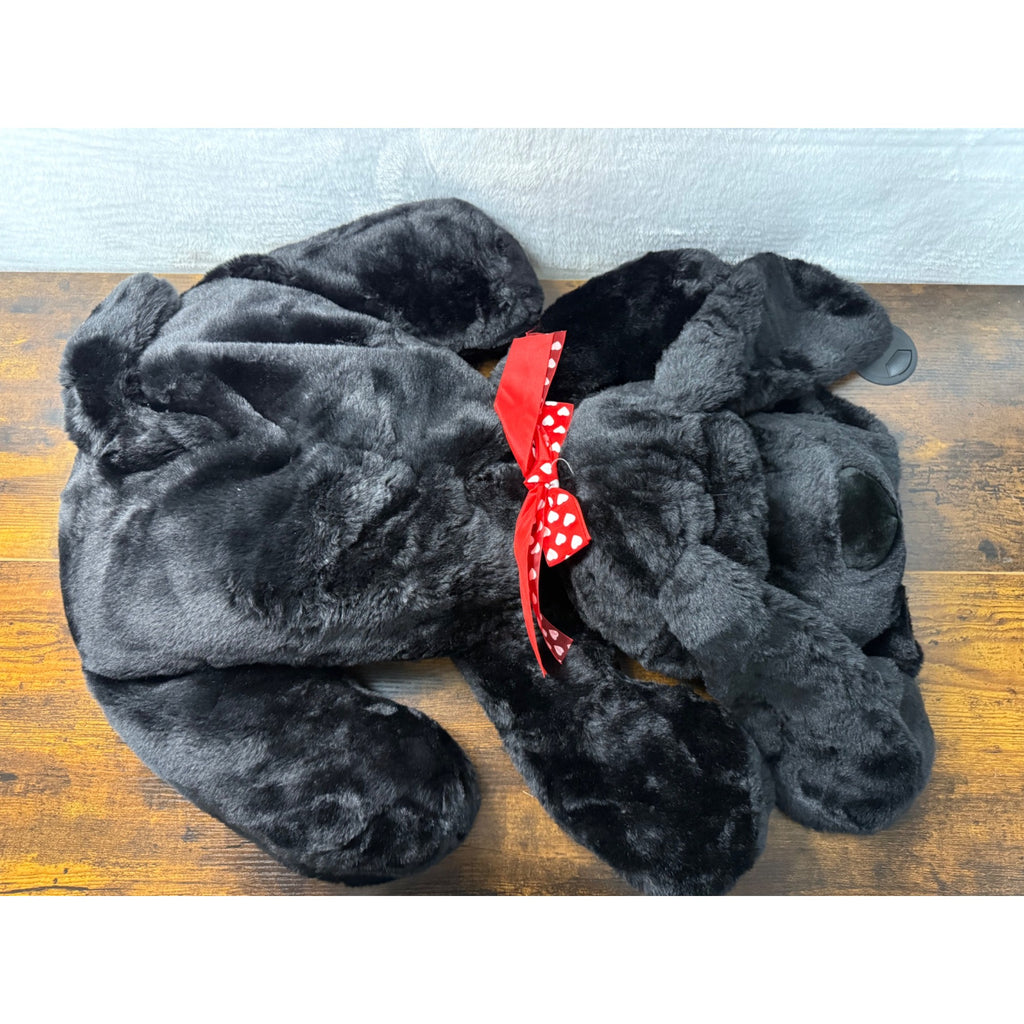Vintage Black Plush Stuffed Dog With Red Heart Bow Tie - Soft Cuddly 28 Inches