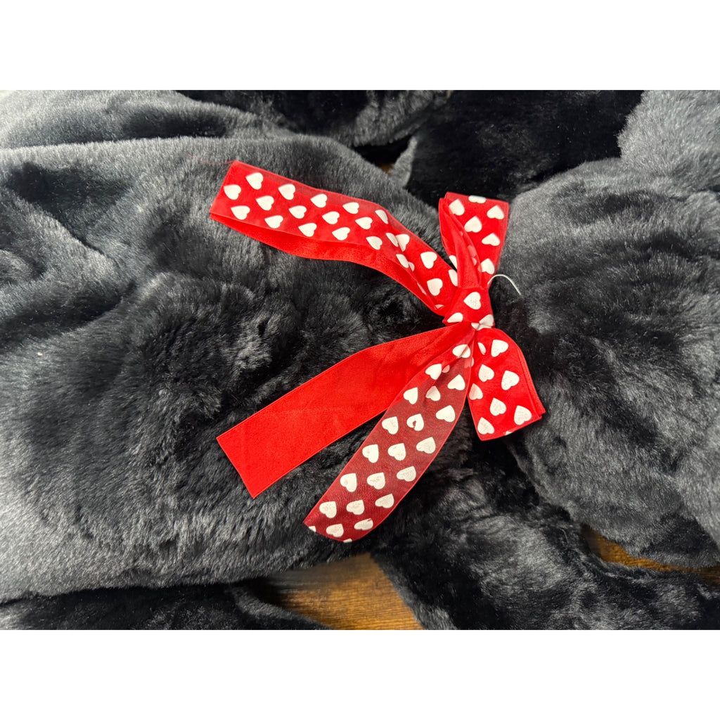 Vintage Black Plush Stuffed Dog With Red Heart Bow Tie - Soft Cuddly 28 Inches