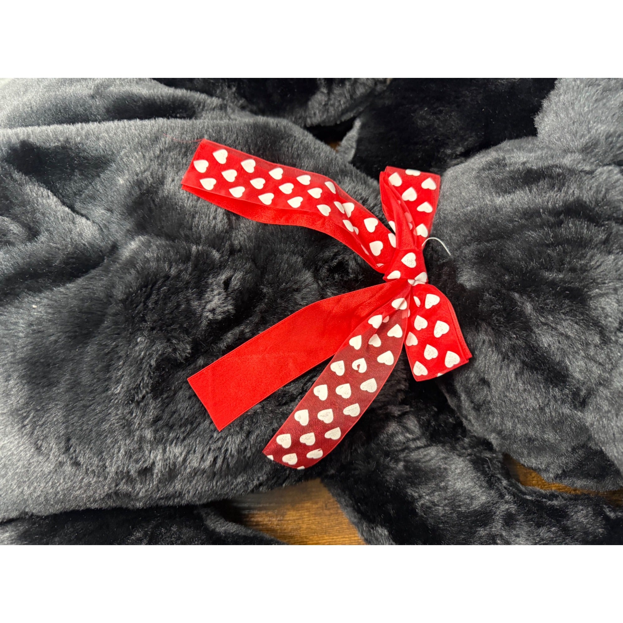Vintage Black Plush Stuffed Dog With Red Heart Bow Tie - Soft Cuddly 28 Inches