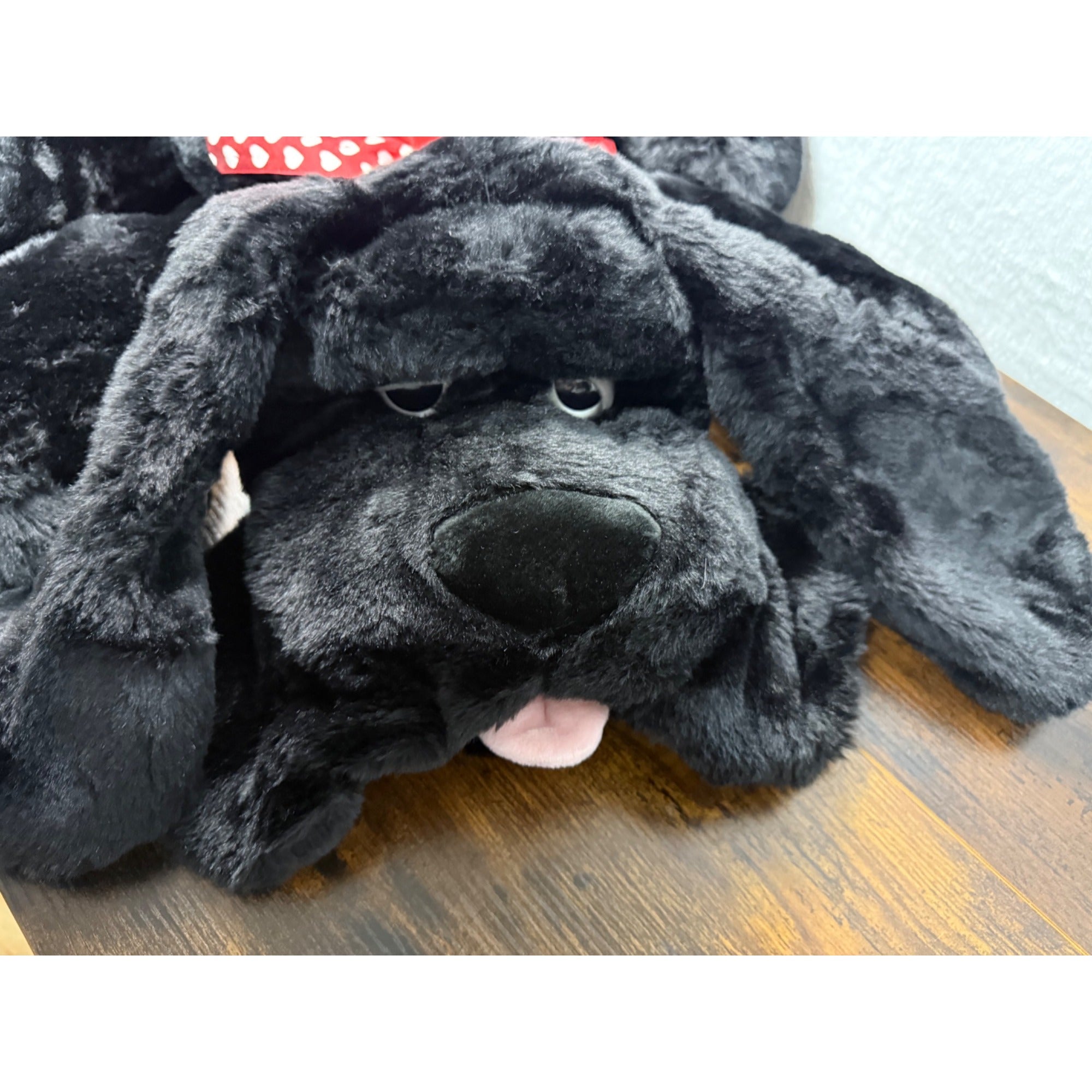 Vintage Black Plush Stuffed Dog With Red Heart Bow Tie - Soft Cuddly 28 Inches
