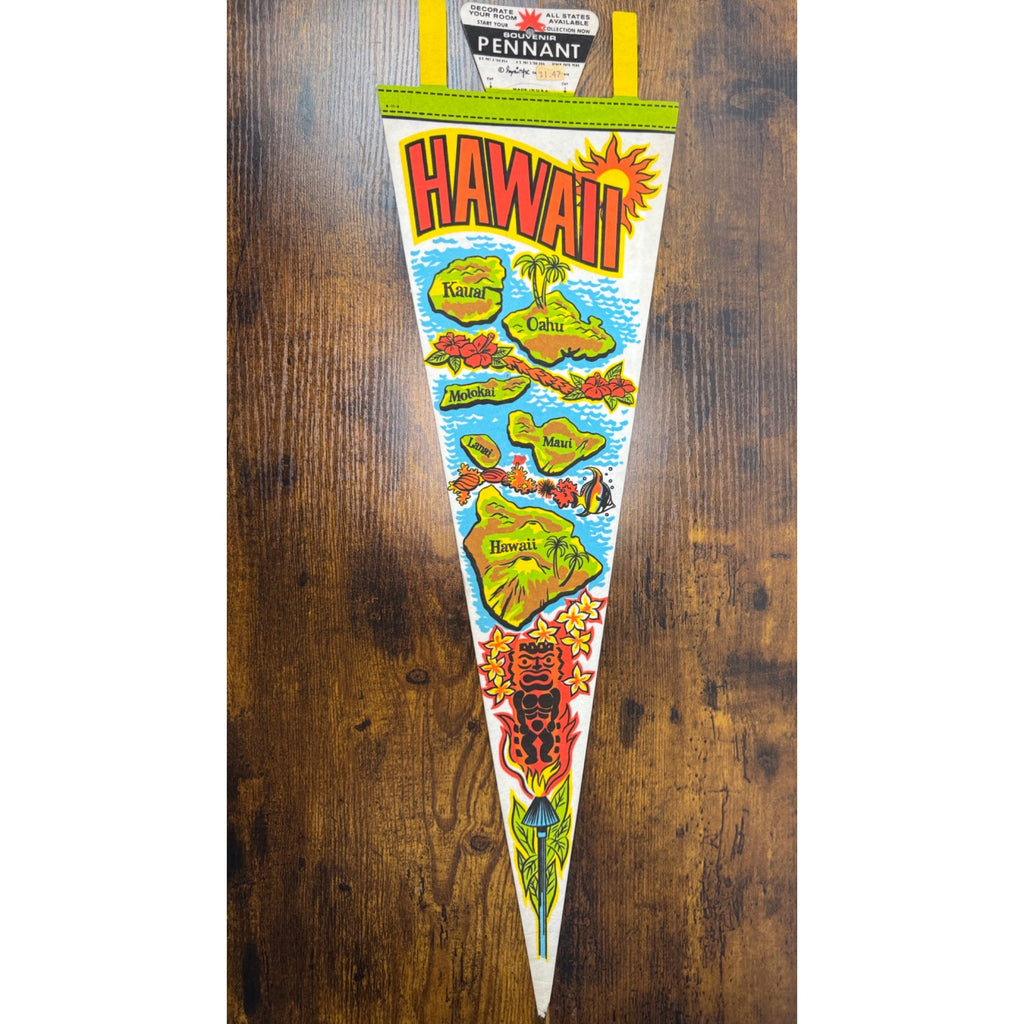 Vintage Hawaii Souvenir Felt Pennant With Island Map Design & Tropical Graphics