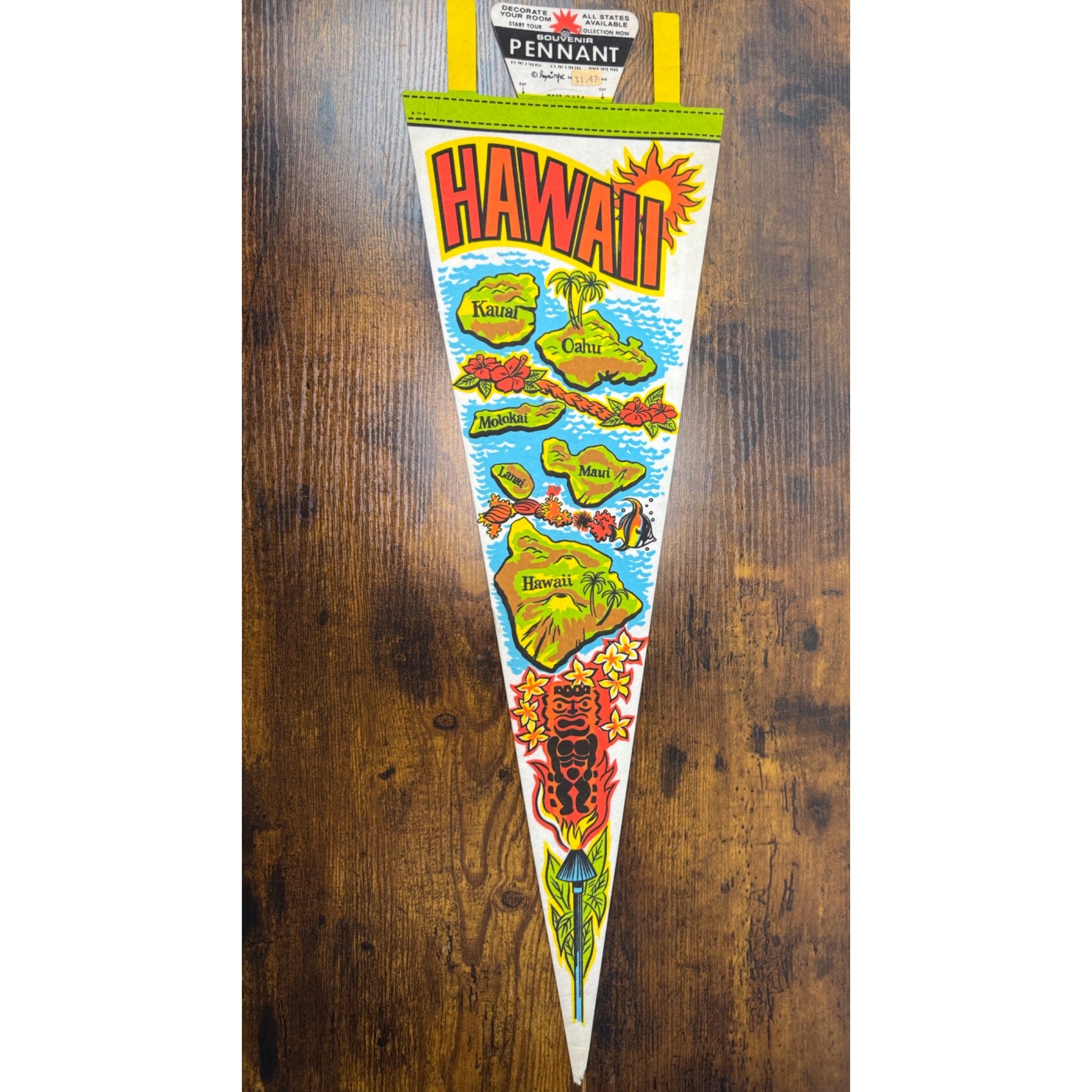 Vintage Hawaii Souvenir Felt Pennant With Island Map Design & Tropical Graphics