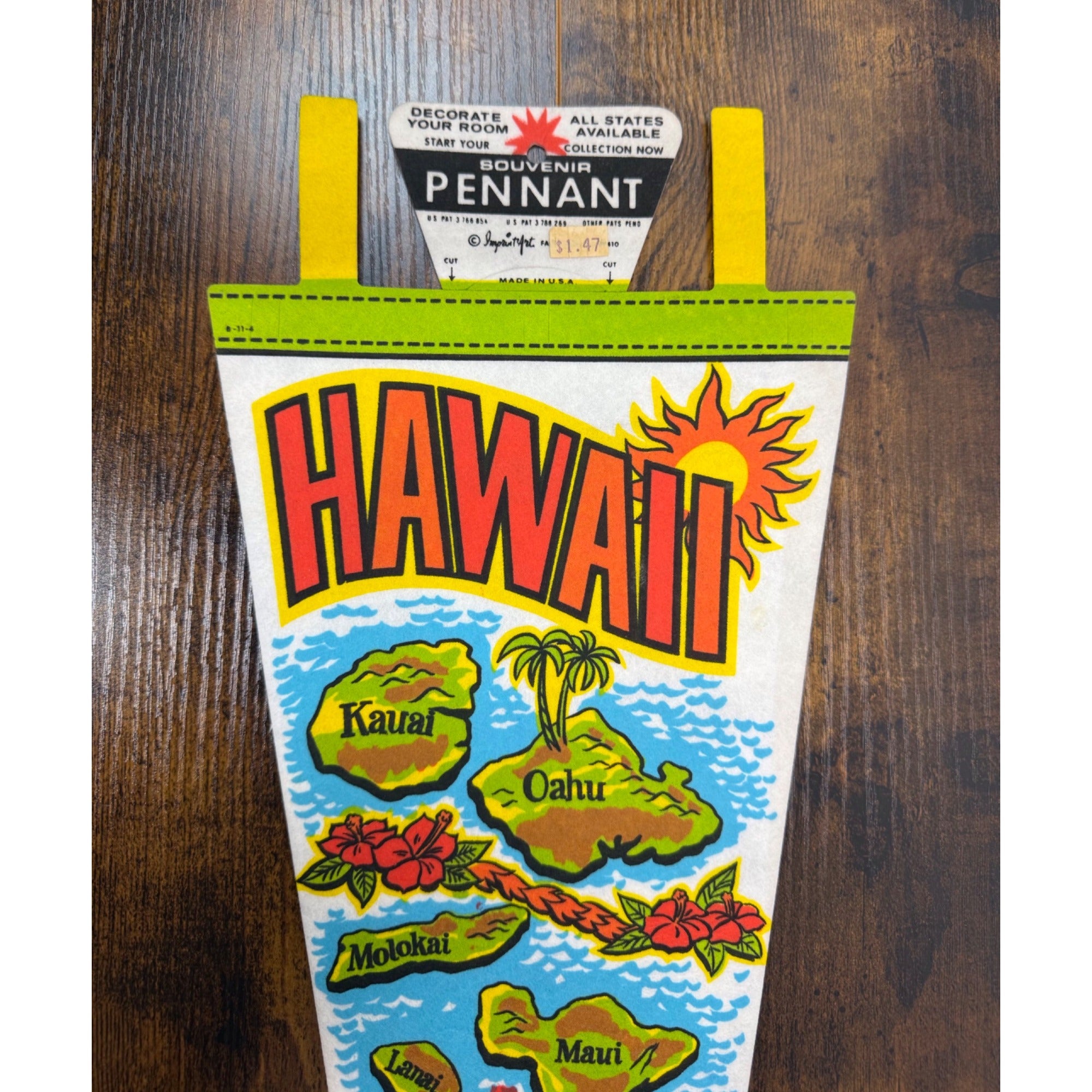 Vintage Hawaii Souvenir Felt Pennant With Island Map Design & Tropical Graphics