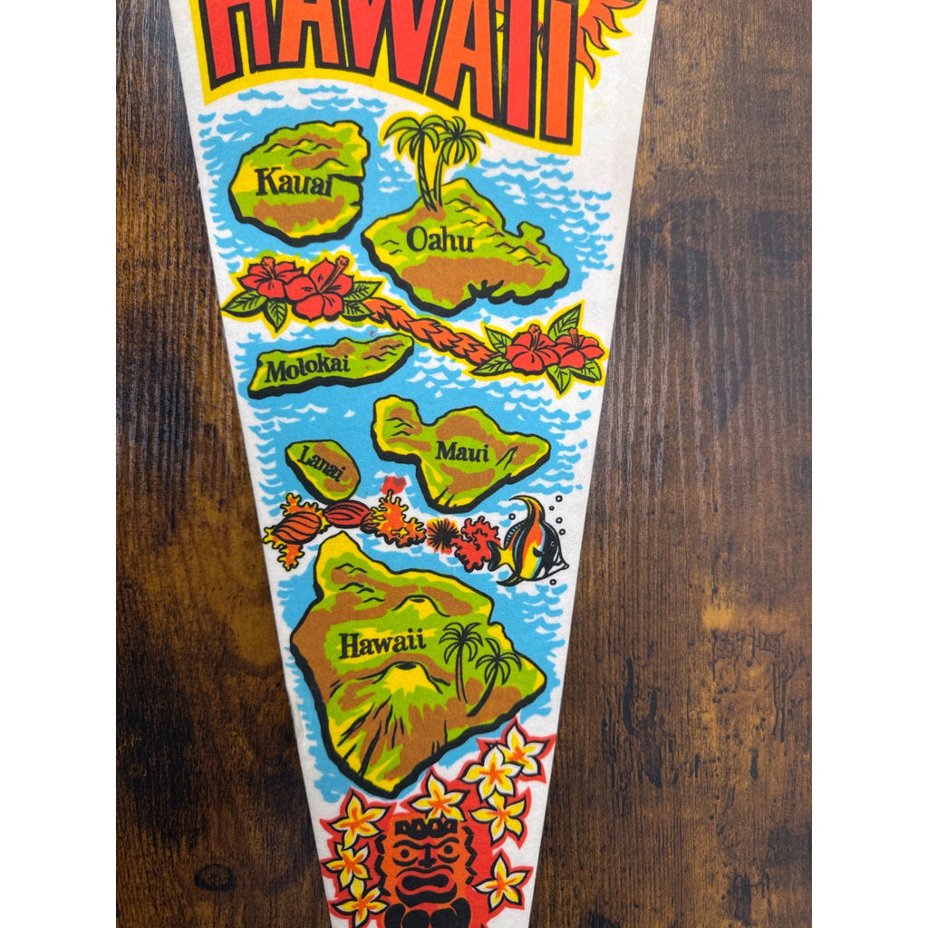 Vintage Hawaii Souvenir Felt Pennant With Island Map Design & Tropical Graphics
