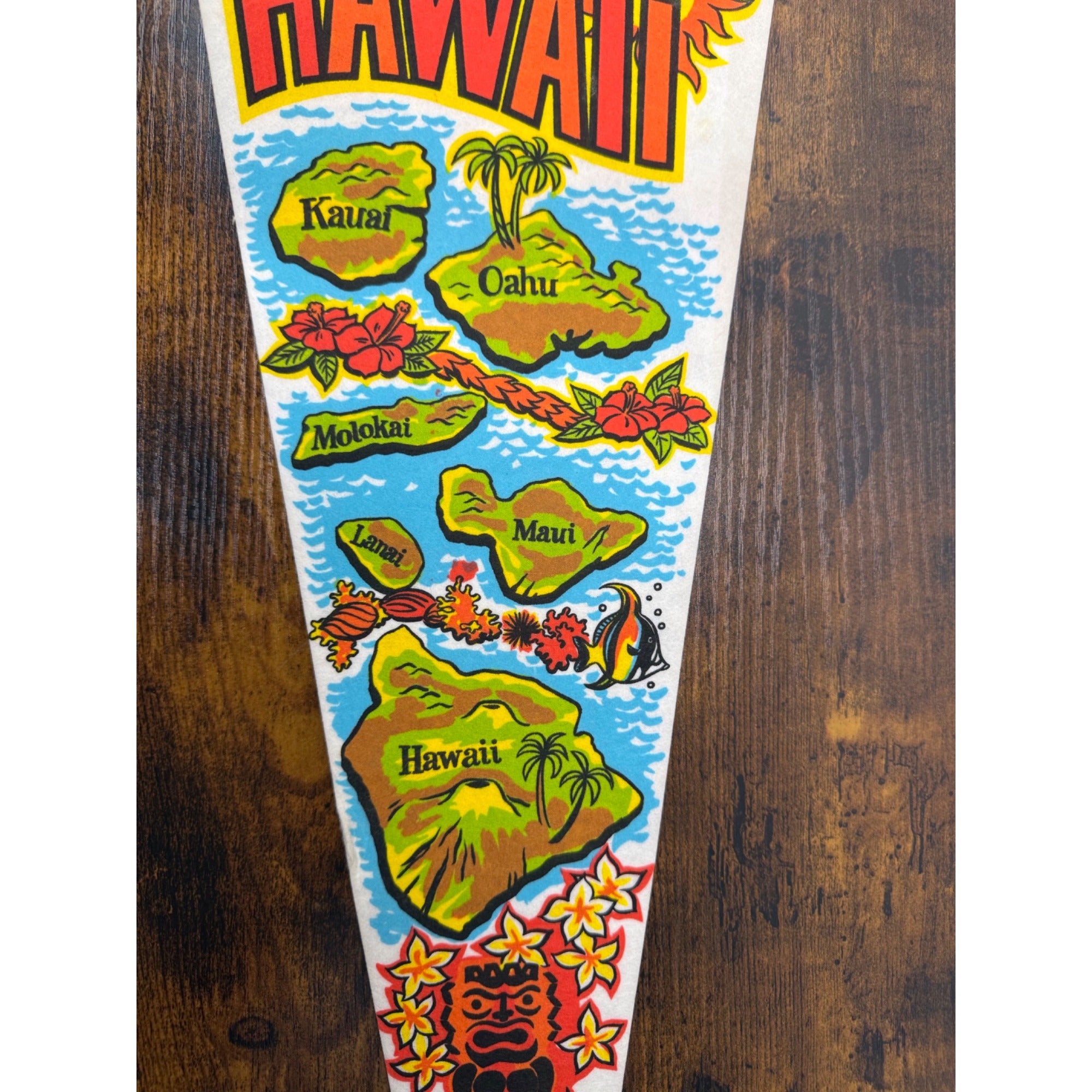 Vintage Hawaii Souvenir Felt Pennant With Island Map Design & Tropical Graphics
