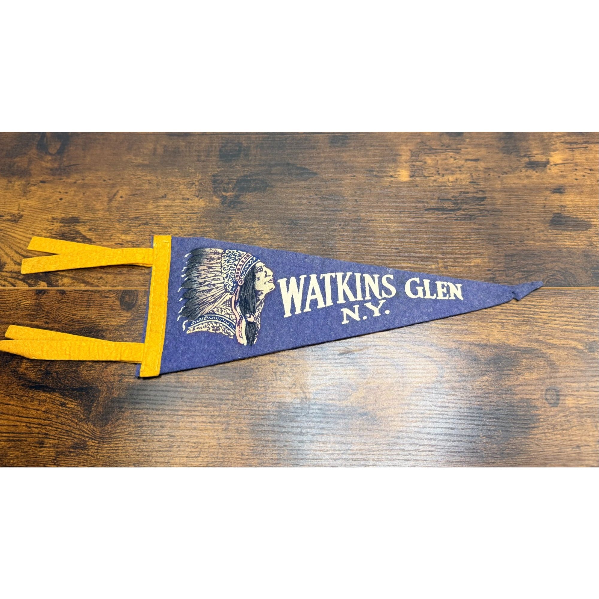 Vintage Watkins Glen N.Y. Felt Pennant With Native American Design 12 inches