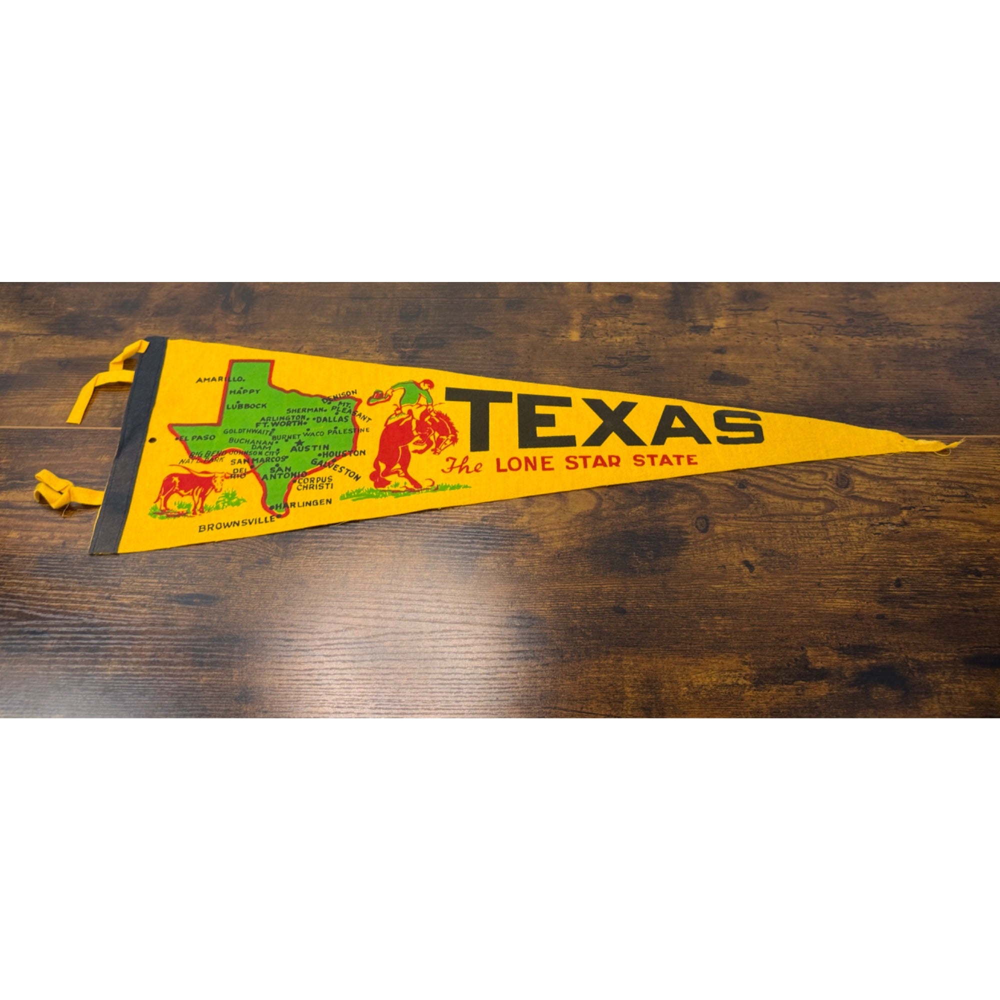 Vintage Texas The Lone Star State Souvenir Pennant Flag With Map & Cowboy