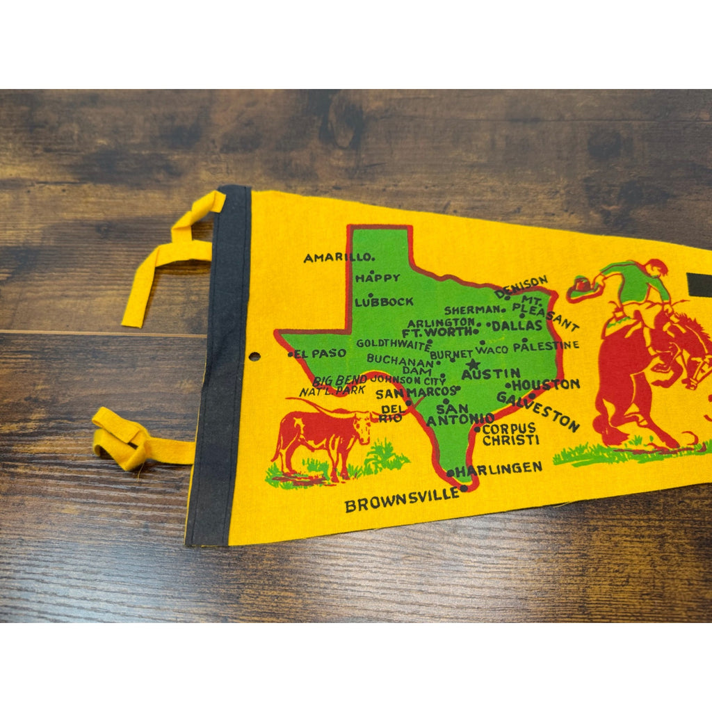 Vintage Texas The Lone Star State Souvenir Pennant Flag With Map & Cowboy