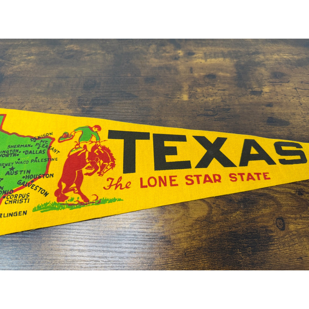 Vintage Texas The Lone Star State Souvenir Pennant Flag With Map & Cowboy