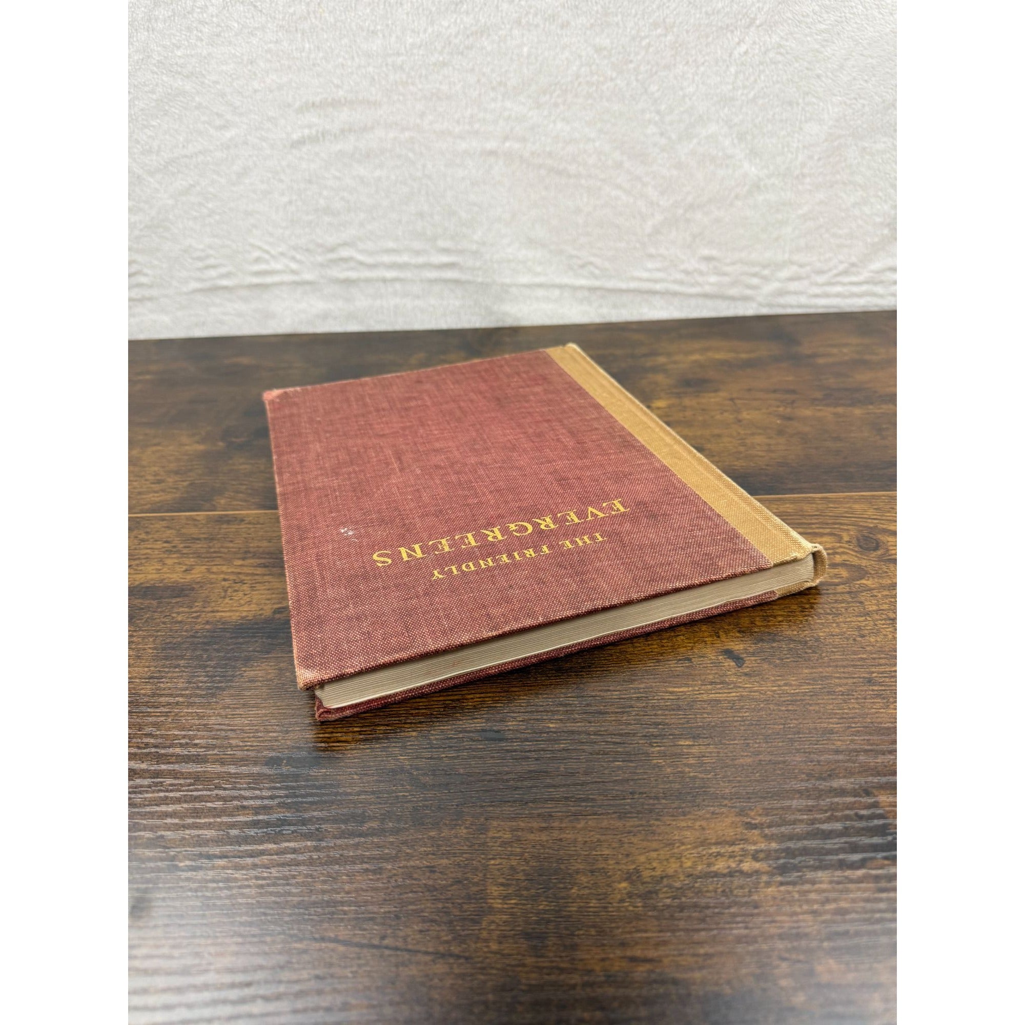 The Friendly Evergreens Hardcover Book Vintage Red & Tan Cover Worn Edges & Child’s Scribbles Inside Pages