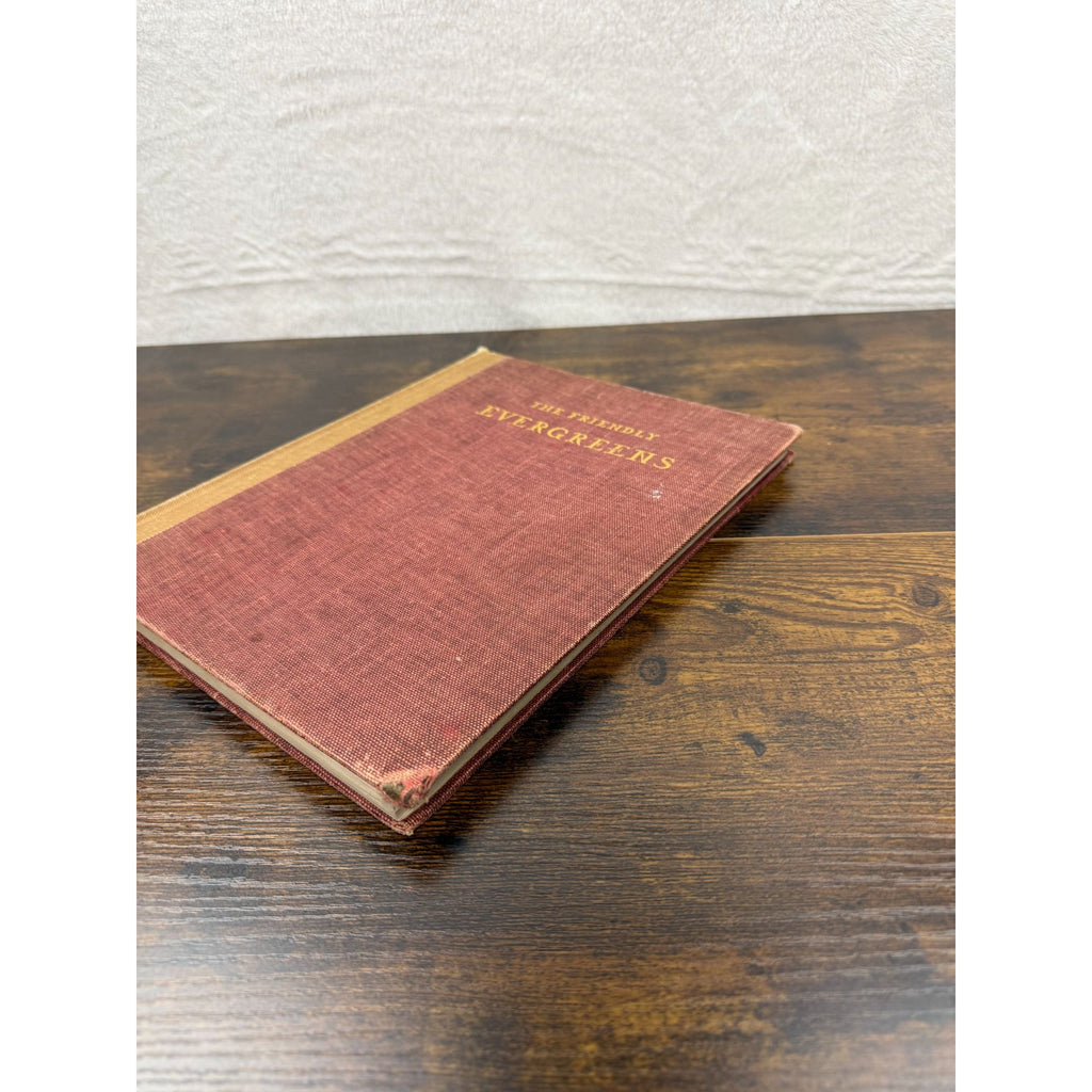 The Friendly Evergreens Hardcover Book Vintage Red & Tan Cover Worn Edges & Child’s Scribbles Inside Pages