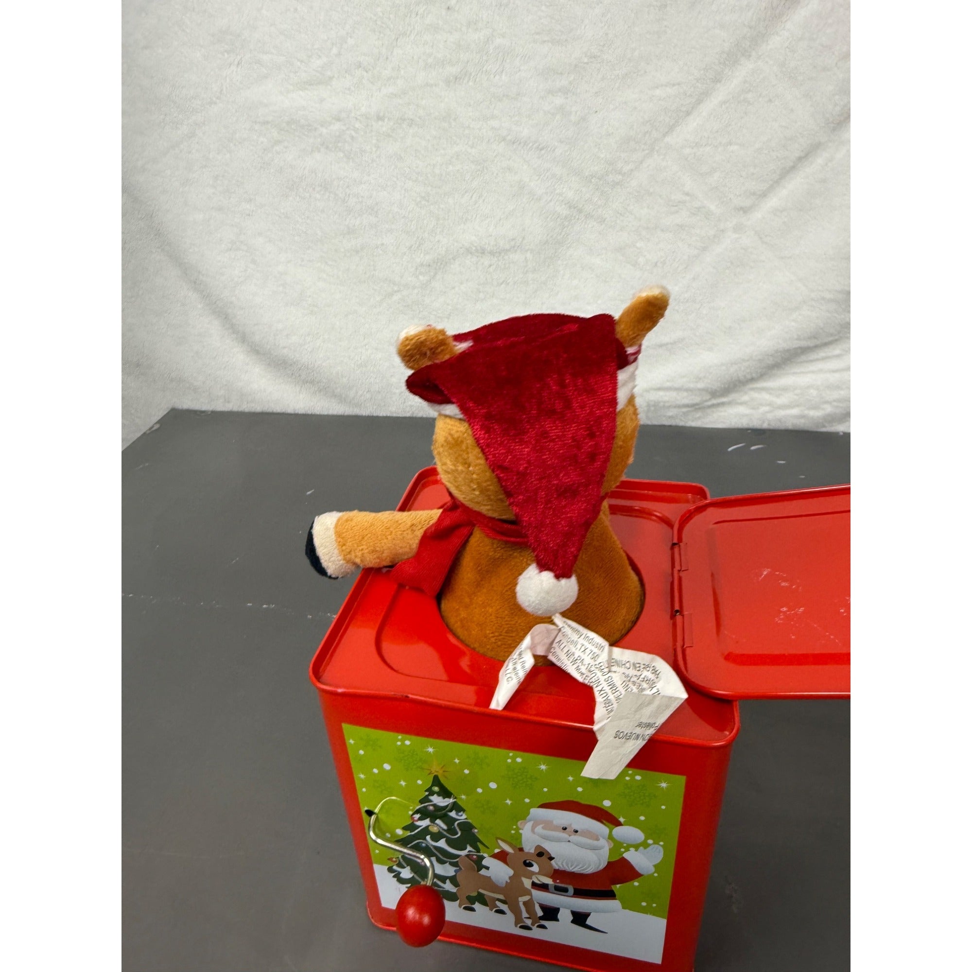 Rudolph The Red-Nosed Reindeer Metal Jack-In-The-Box With Crank Handle & Festive Holiday Graphics