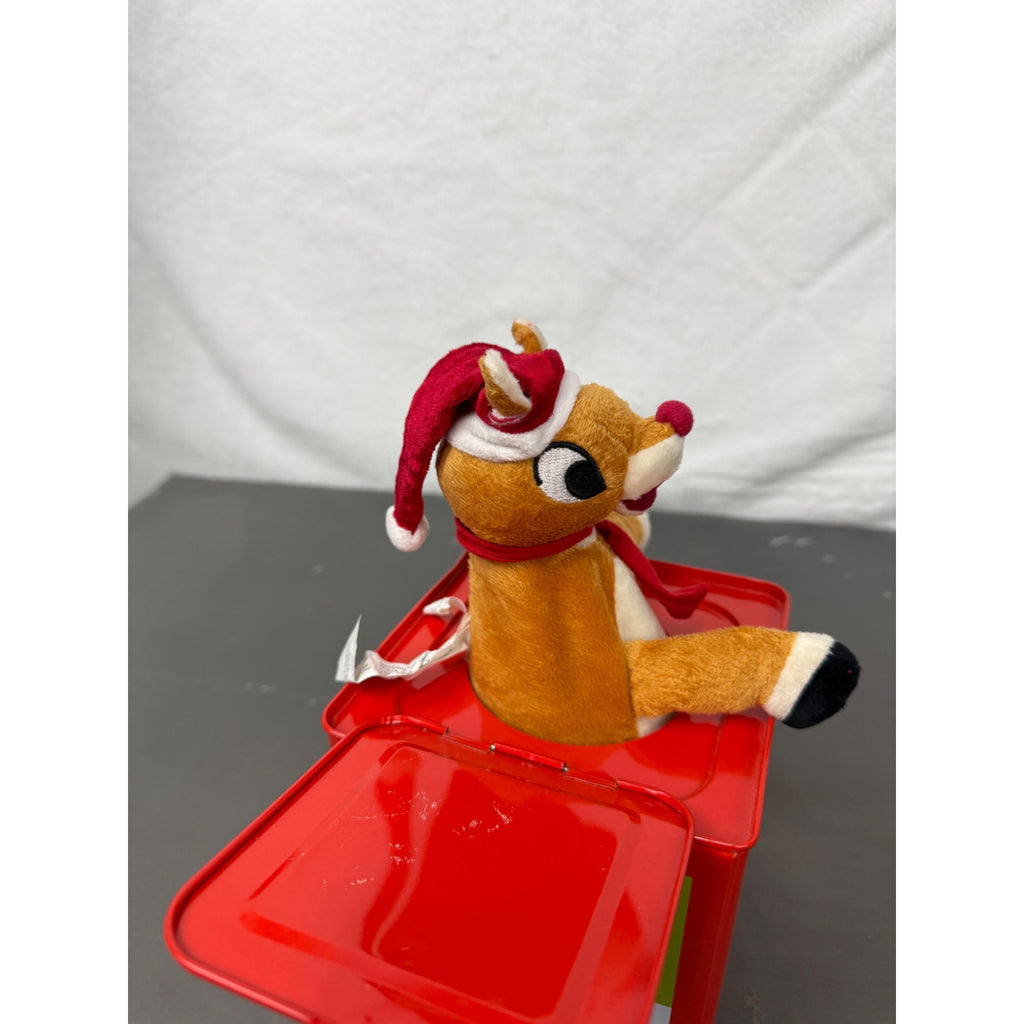 Rudolph The Red-Nosed Reindeer Metal Jack-In-The-Box With Crank Handle & Festive Holiday Graphics
