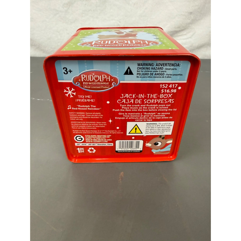 Rudolph The Red-Nosed Reindeer Metal Jack-In-The-Box With Crank Handle & Festive Holiday Graphics