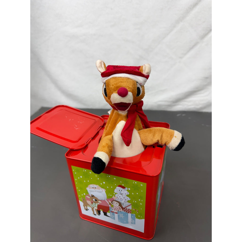 Rudolph The Red-Nosed Reindeer Metal Jack-In-The-Box With Crank Handle & Festive Holiday Graphics