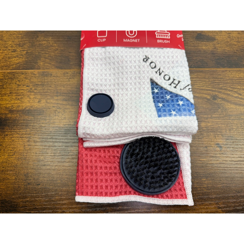 Folds Of Honor Groove Low Golf Towel With Clip Magnet & Brush - Red/White