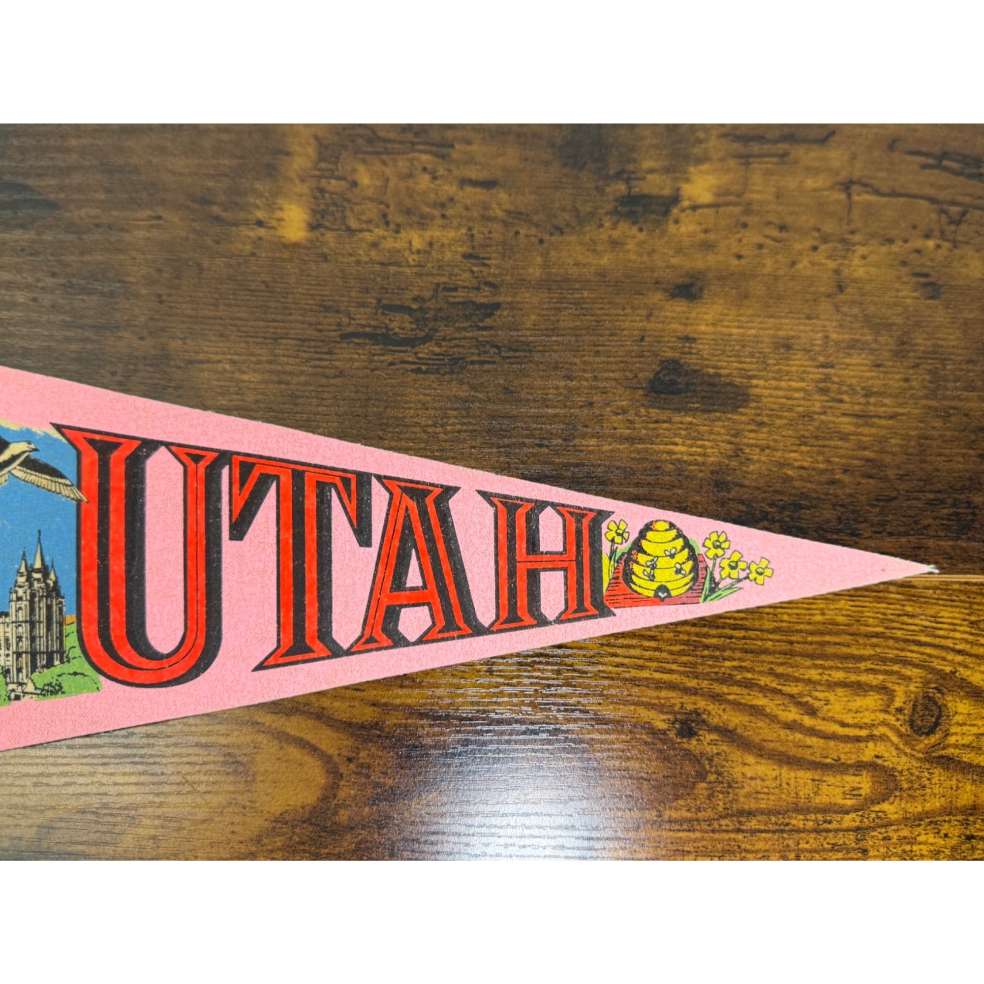 Vintage Utah Souvenir Felt Pennant With Beehive Arches And Temple Design