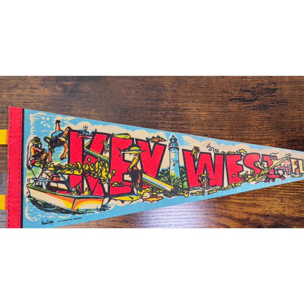 Vintage Key West Florida Souvenir Felt Pennant With Bright Graphics