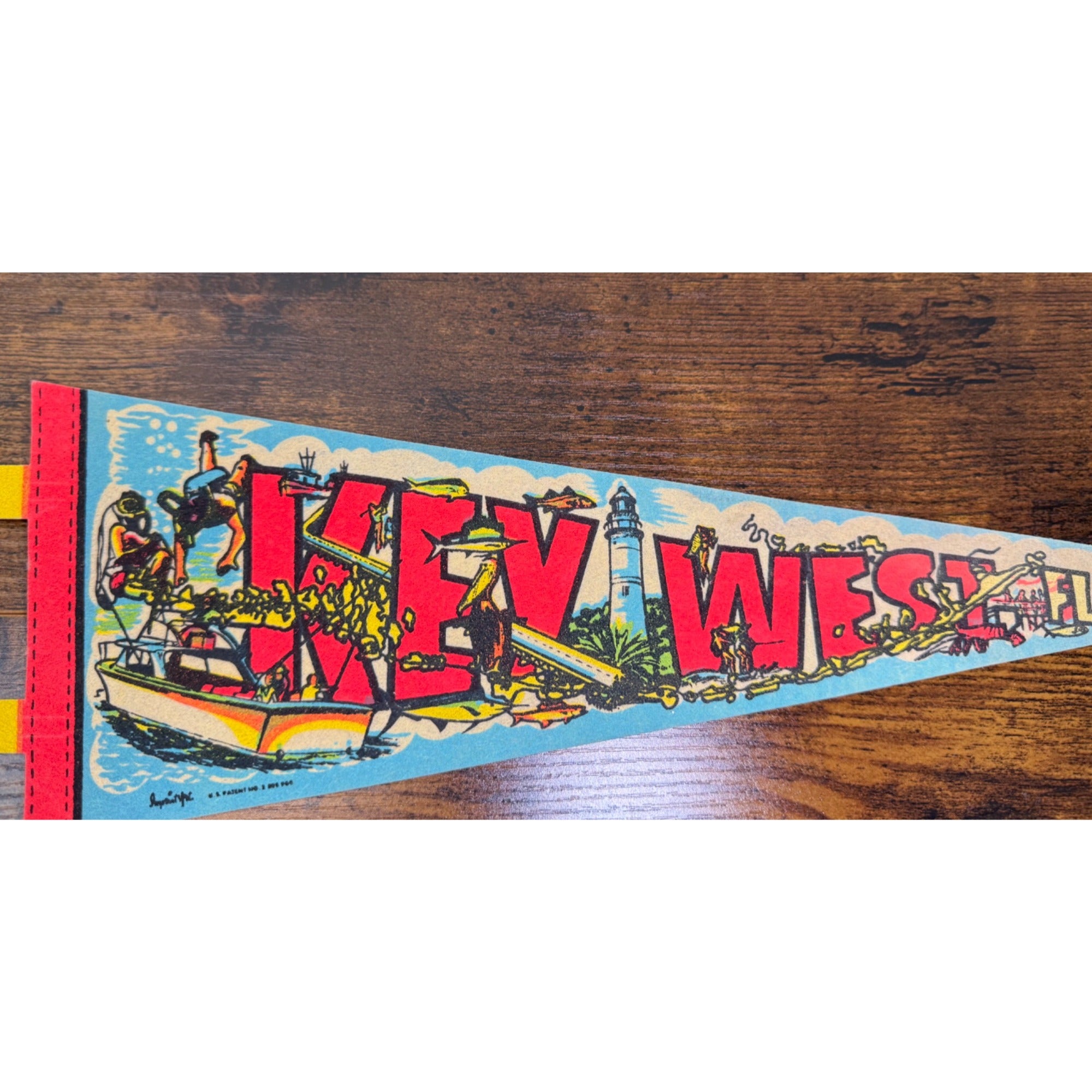 Vintage Key West Florida Souvenir Felt Pennant With Bright Graphics