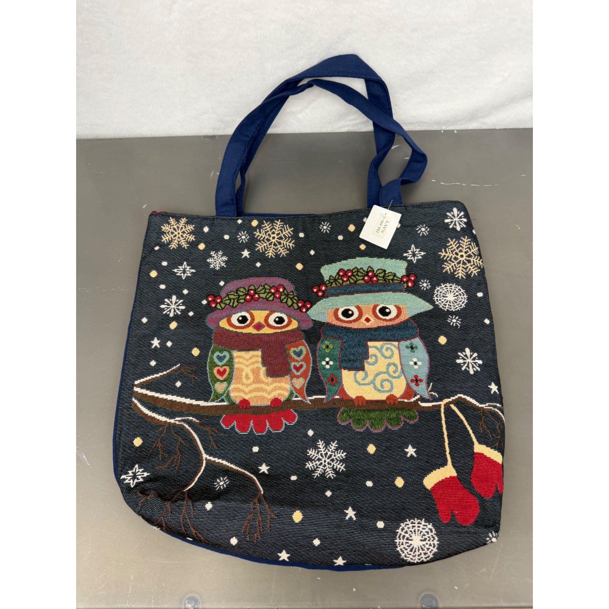 Christmas Owl Holiday Tote Bag With Snowflake Print & Dual Handles