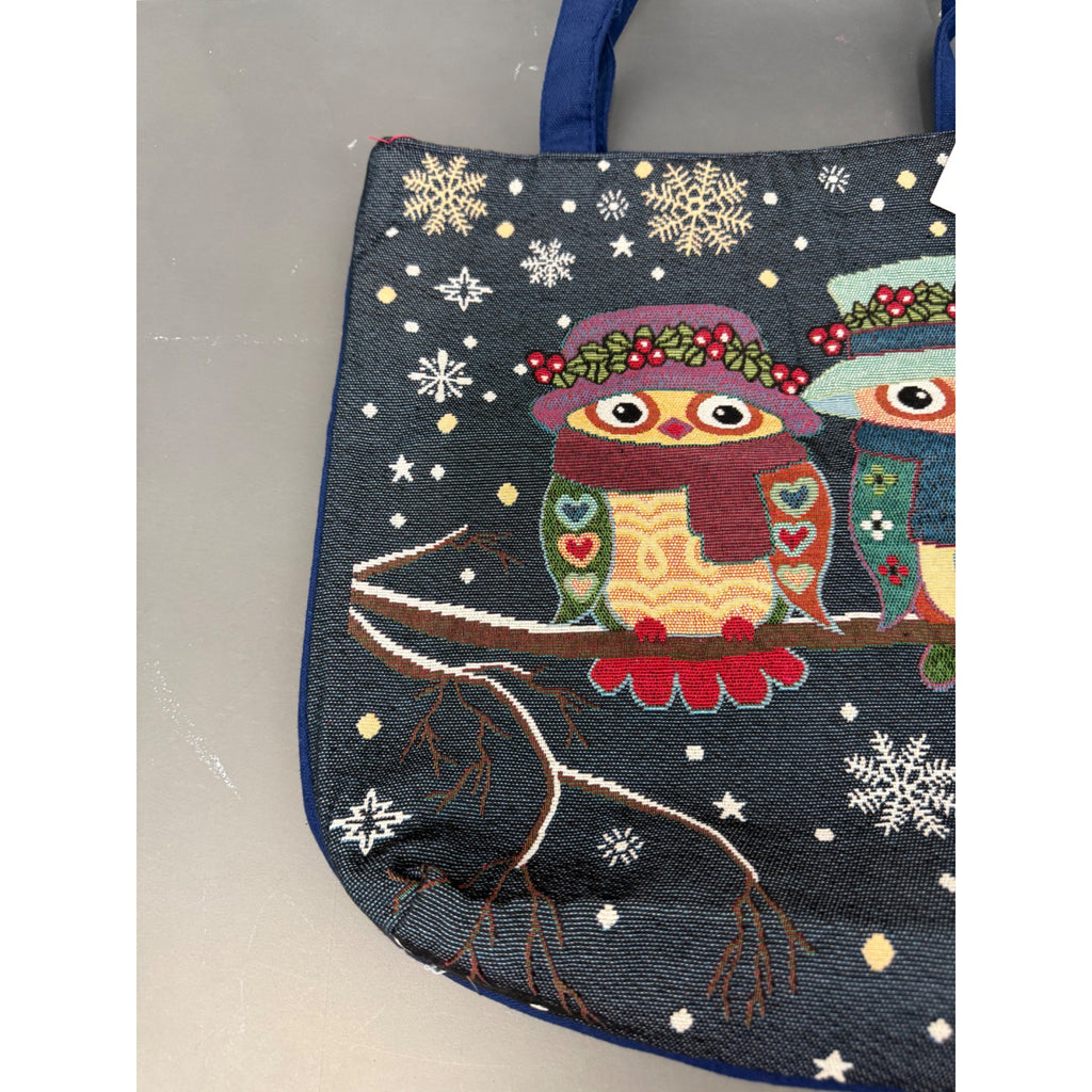Christmas Owl Holiday Tote Bag With Snowflake Print & Dual Handles