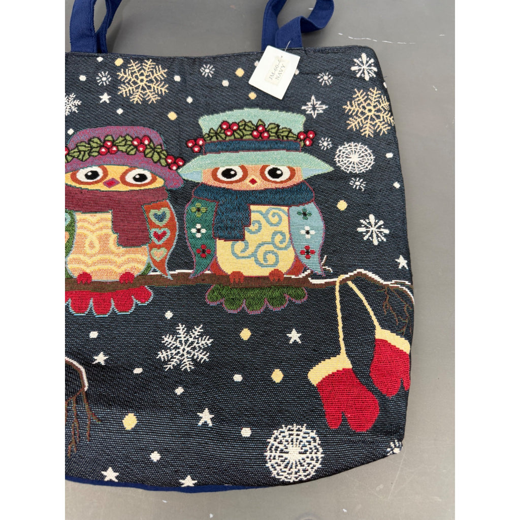 Christmas Owl Holiday Tote Bag With Snowflake Print & Dual Handles