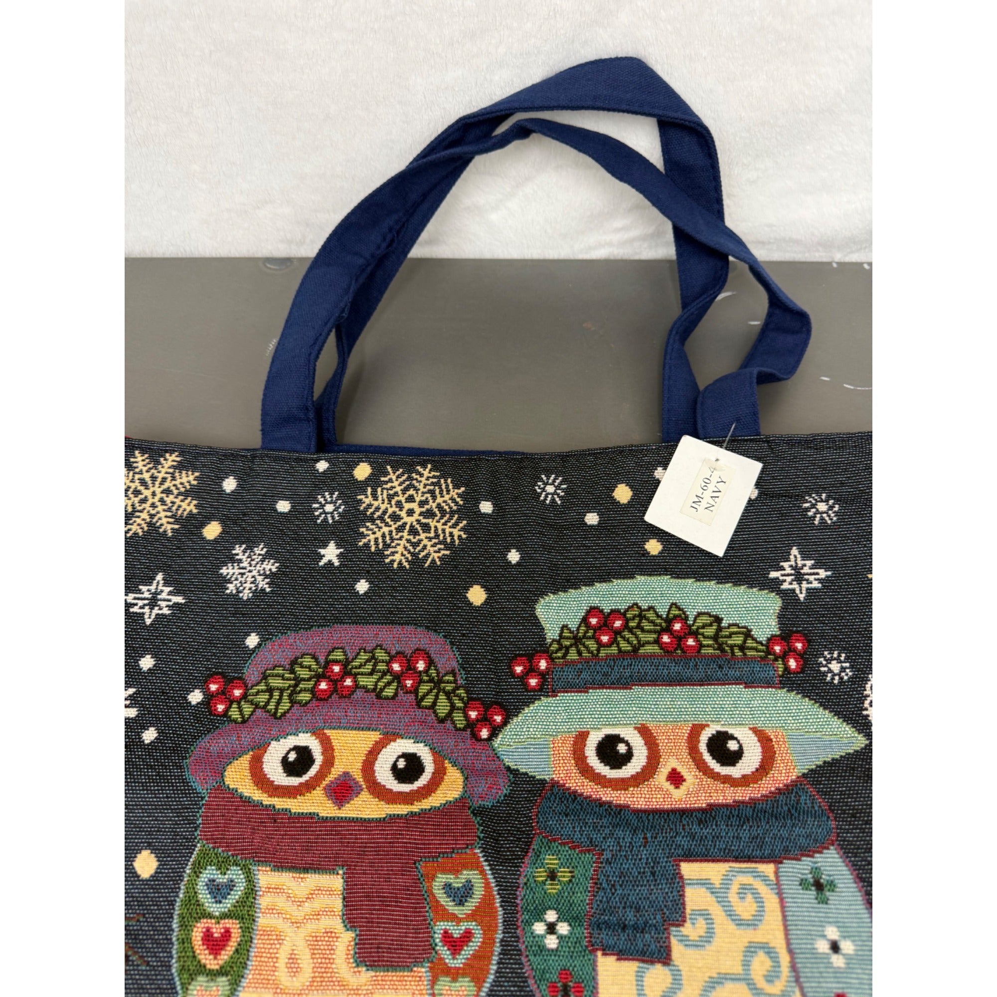 Christmas Owl Holiday Tote Bag With Snowflake Print & Dual Handles