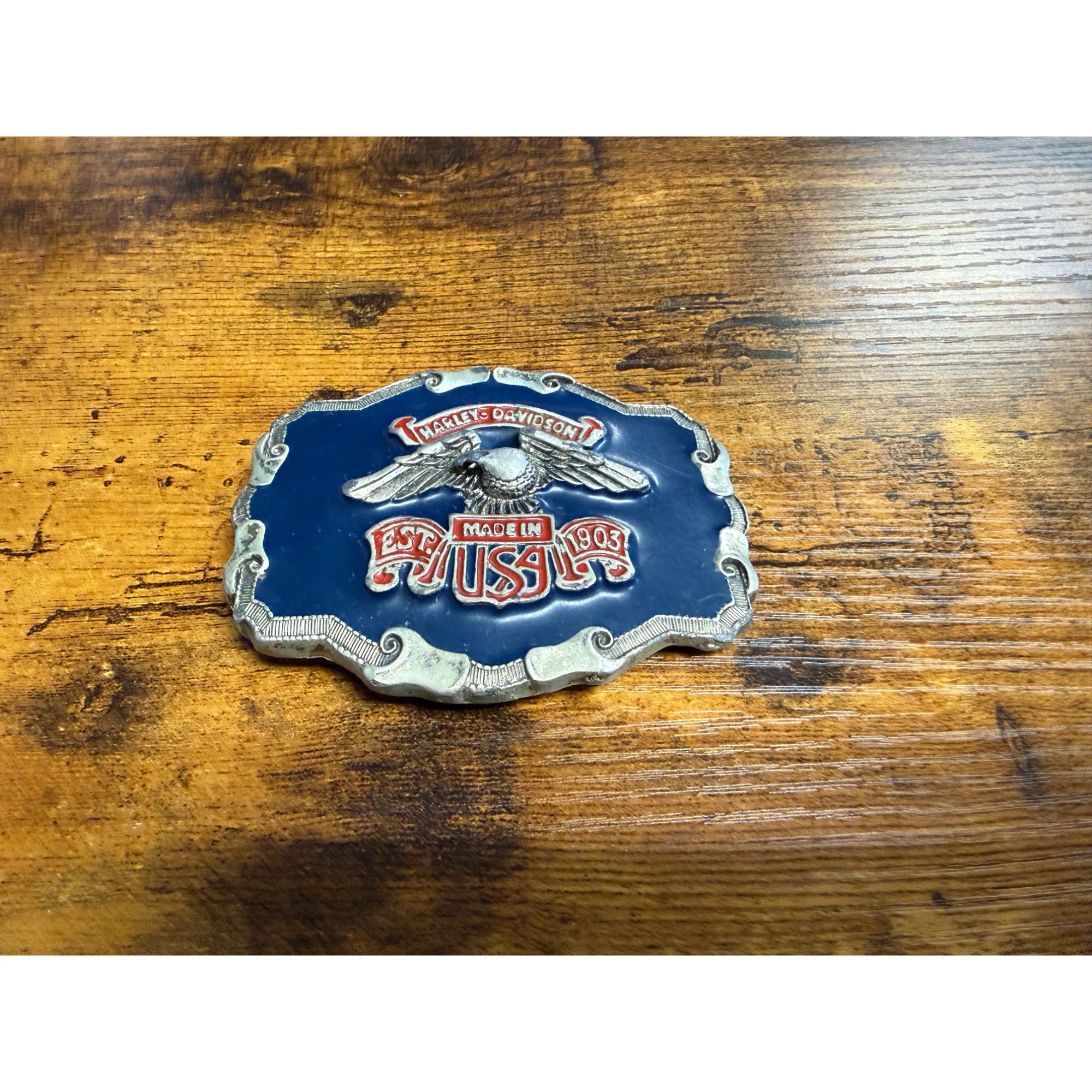 Vintage Harley Belt Buckle Made In USA Blue & Silver Metal