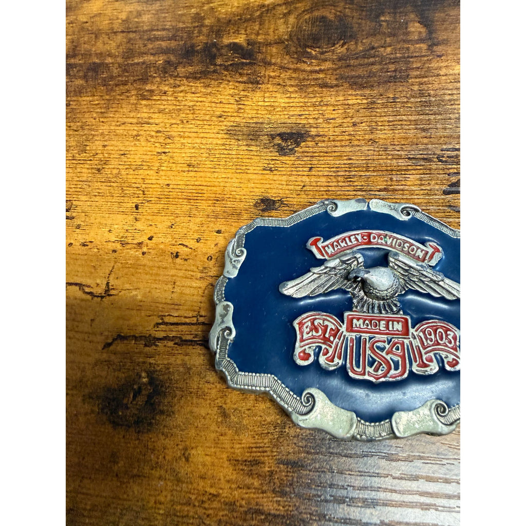 Vintage Harley Belt Buckle Made In USA Blue & Silver Metal