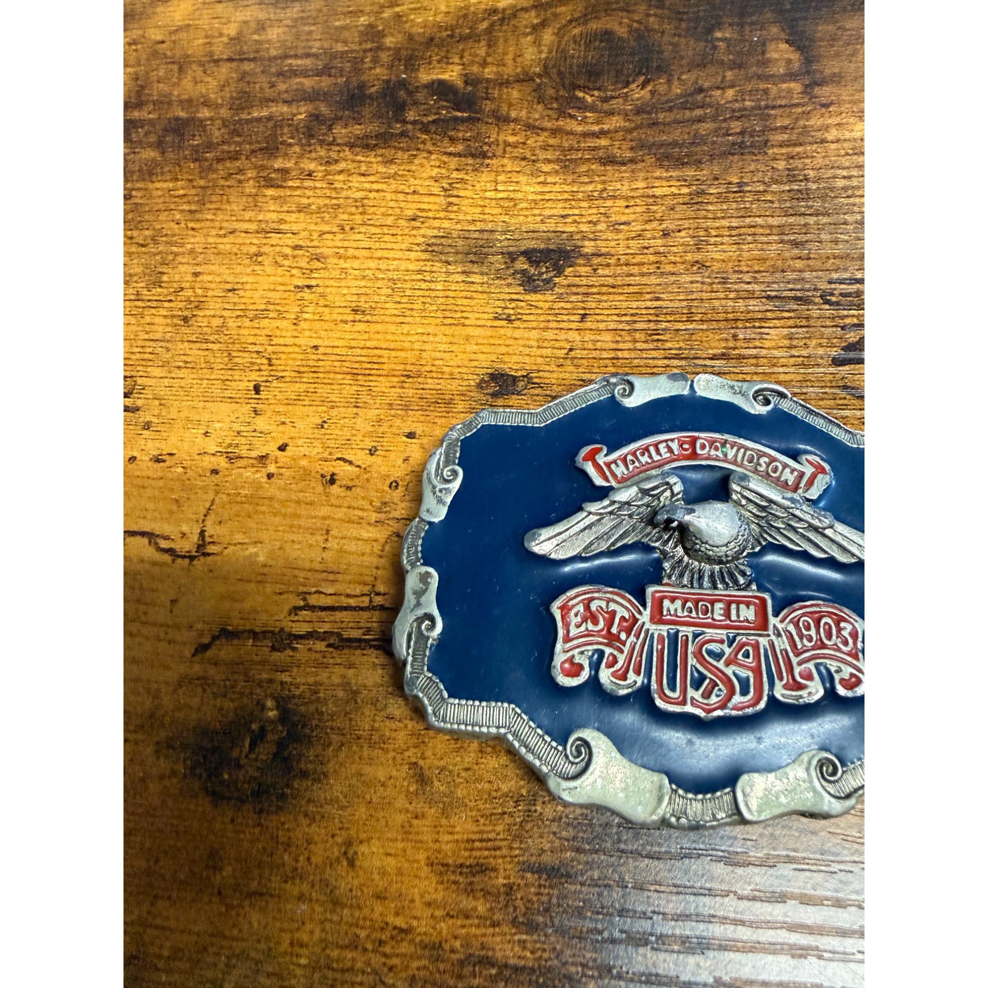 Vintage Harley Belt Buckle Made In USA Blue & Silver Metal