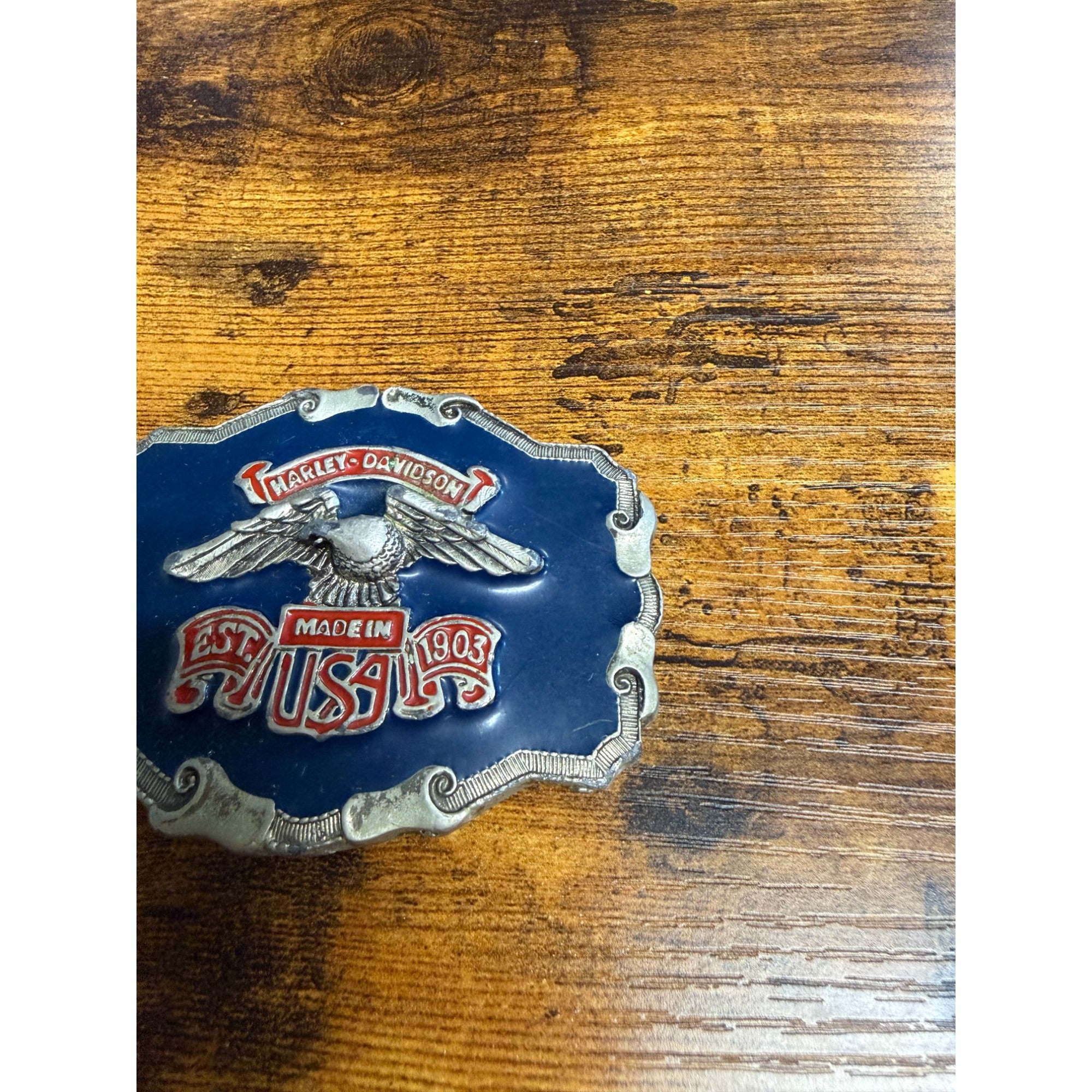 Vintage Harley Belt Buckle Made In USA Blue & Silver Metal