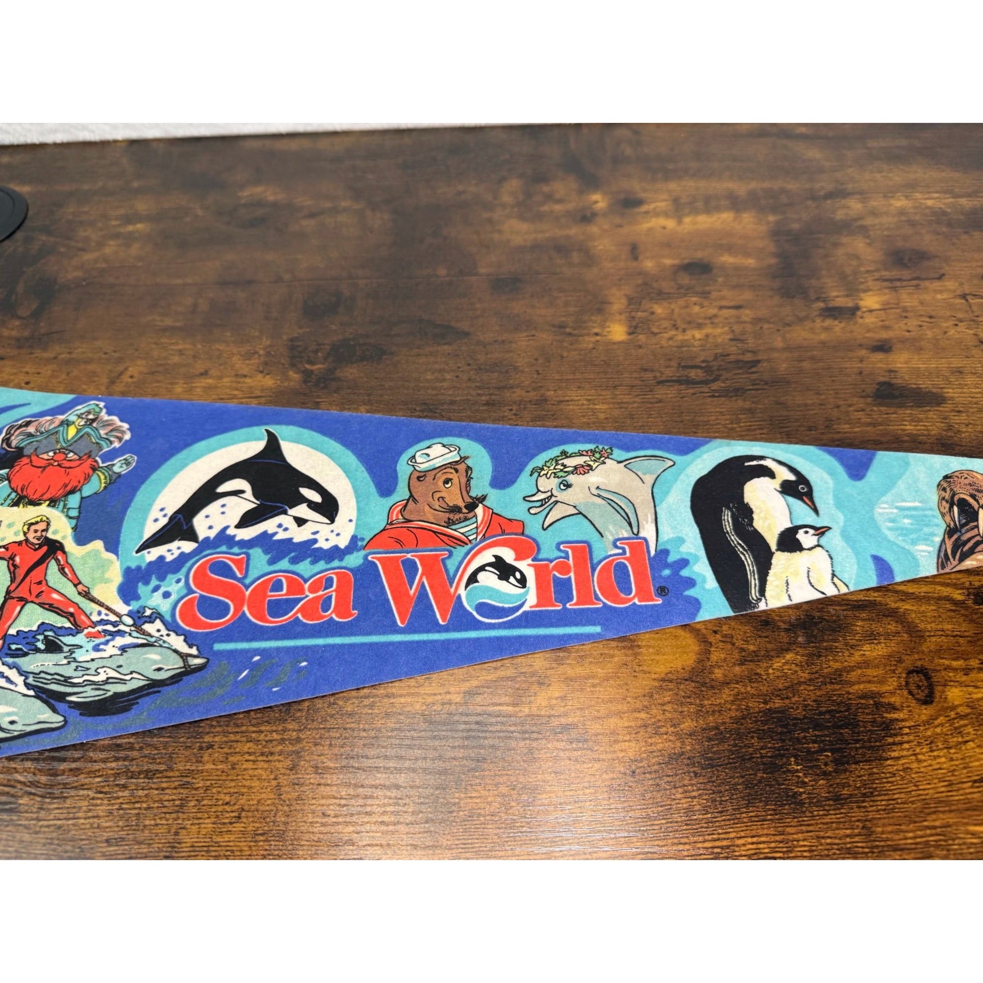Vintage SeaWorld Souvenir Pennant With Colorful Marine Animal Illustrations