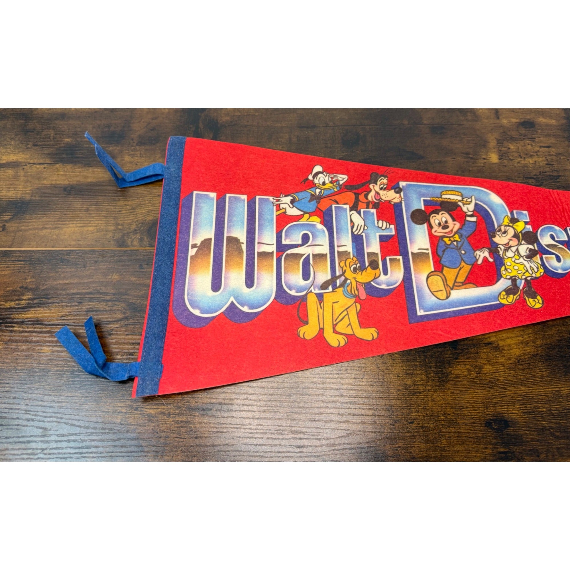 Vintage Walt Disney World Red Felt Pennant With Mickey & Friends Graphics