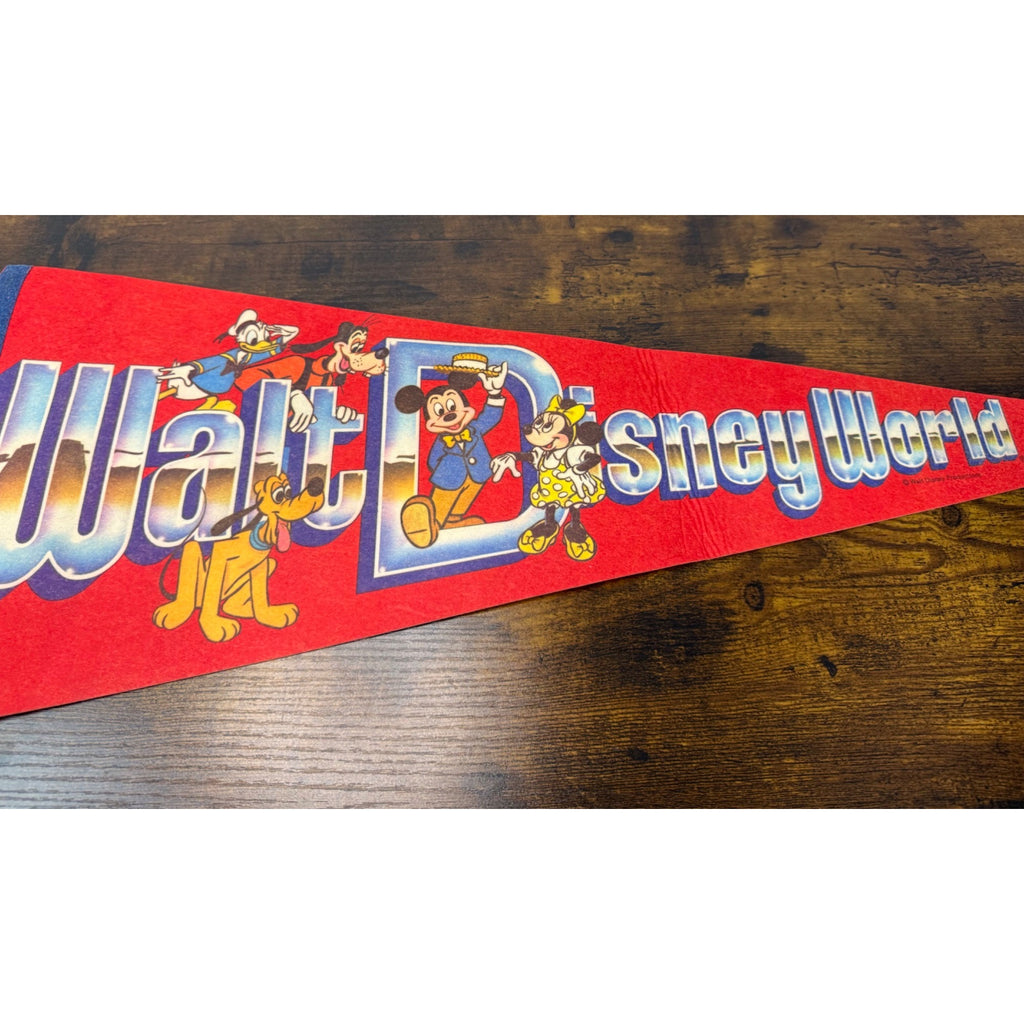 Vintage Walt Disney World Red Felt Pennant With Mickey & Friends Graphics