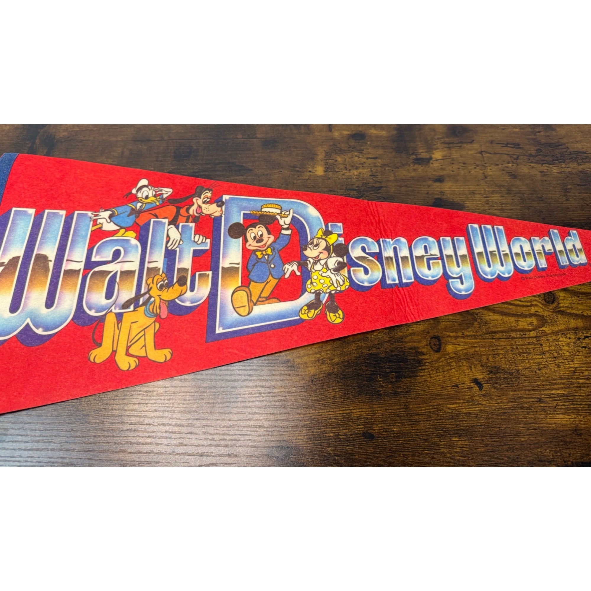 Vintage Walt Disney World Red Felt Pennant With Mickey & Friends Graphics