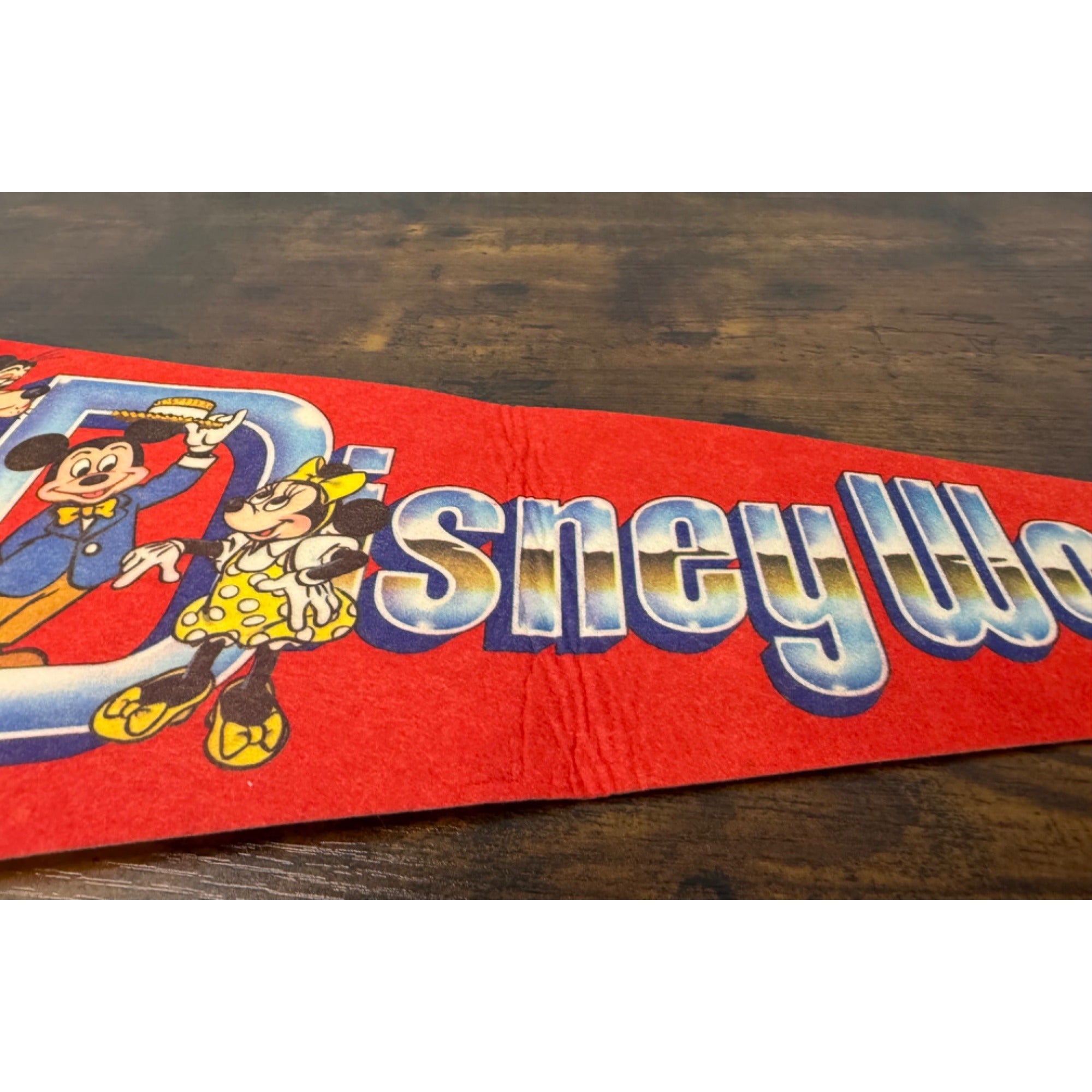 Vintage Walt Disney World Red Felt Pennant With Mickey & Friends Graphics