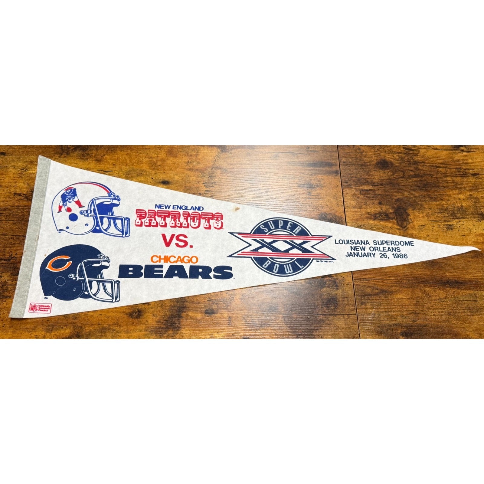 Vintage 1986 Super Bowl New England Patriots vs Chicago Bear pennant