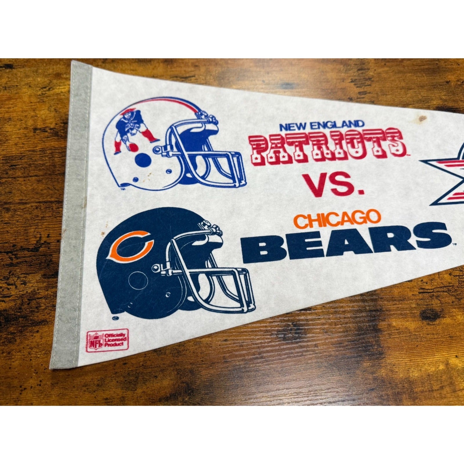 Vintage 1986 Super Bowl New England Patriots vs Chicago Bear pennant