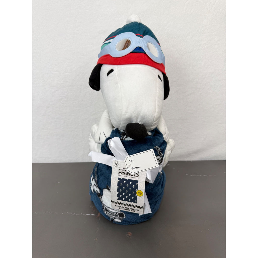 Peanuts Snoopy Character Pillow & Throw Set - Super Soft Plush Design Navy Blue Blanket With Aviator Snoopy Gift Tag