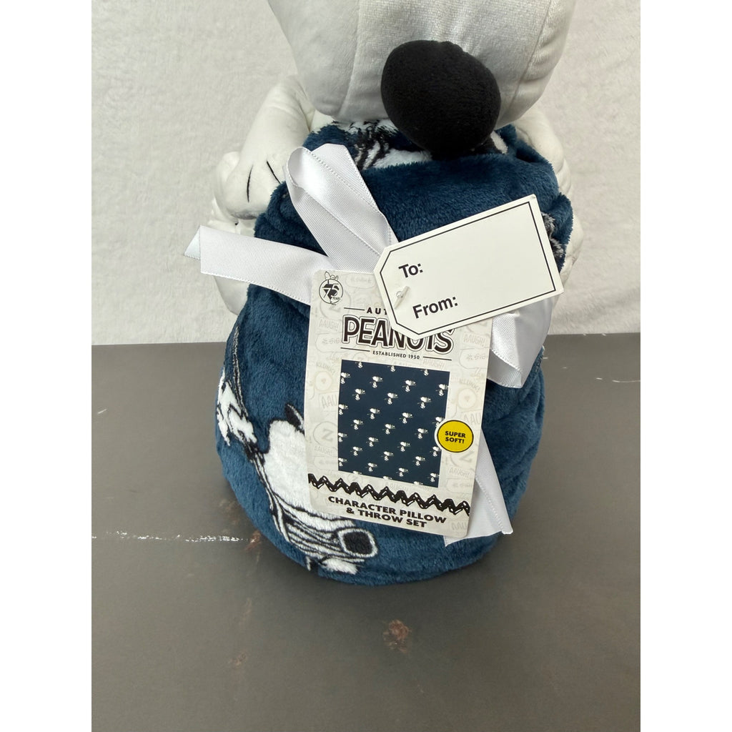 Peanuts Snoopy Character Pillow & Throw Set - Super Soft Plush Design Navy Blue Blanket With Aviator Snoopy Gift Tag