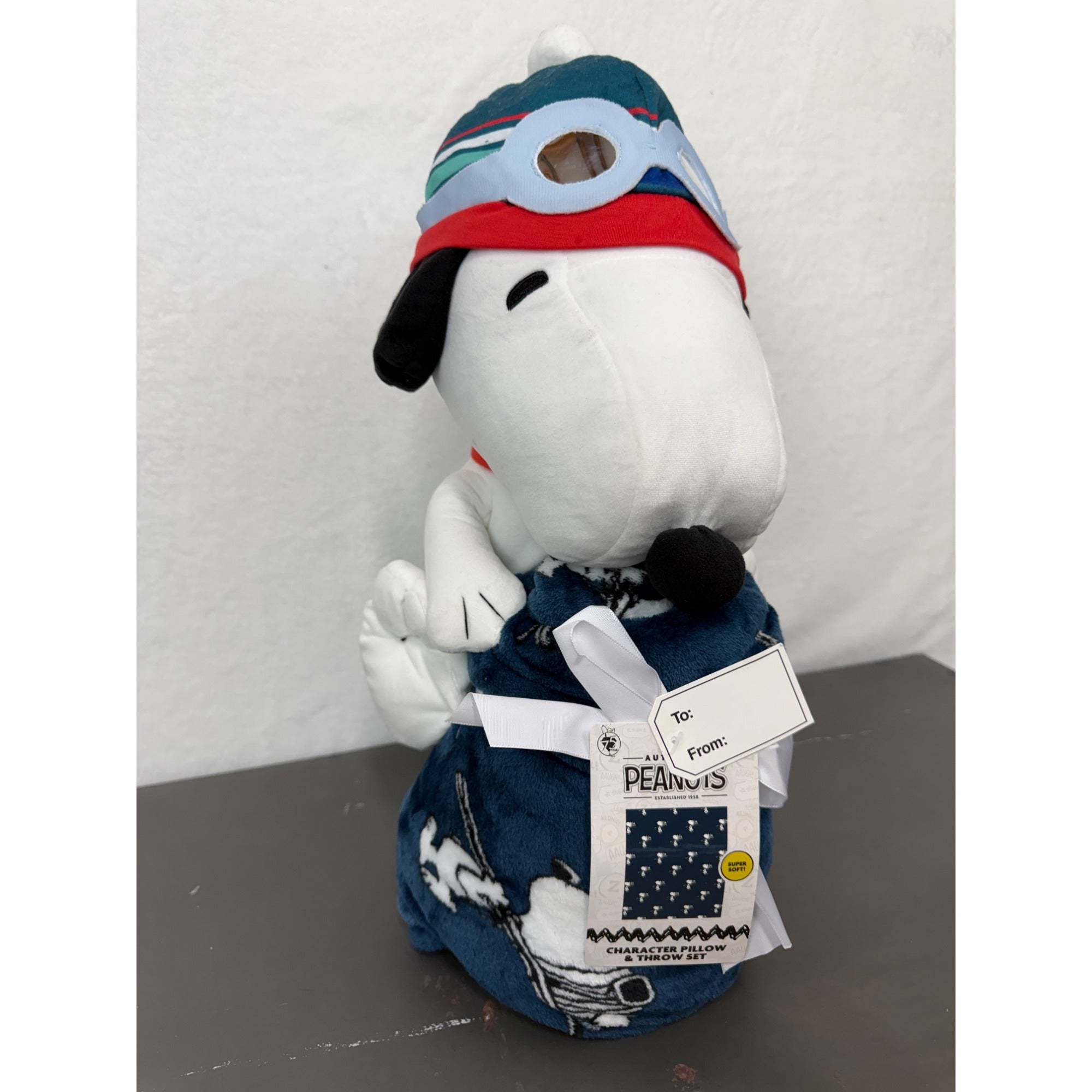 Peanuts Snoopy Character Pillow & Throw Set - Super Soft Plush Design Navy Blue Blanket With Aviator Snoopy Gift Tag