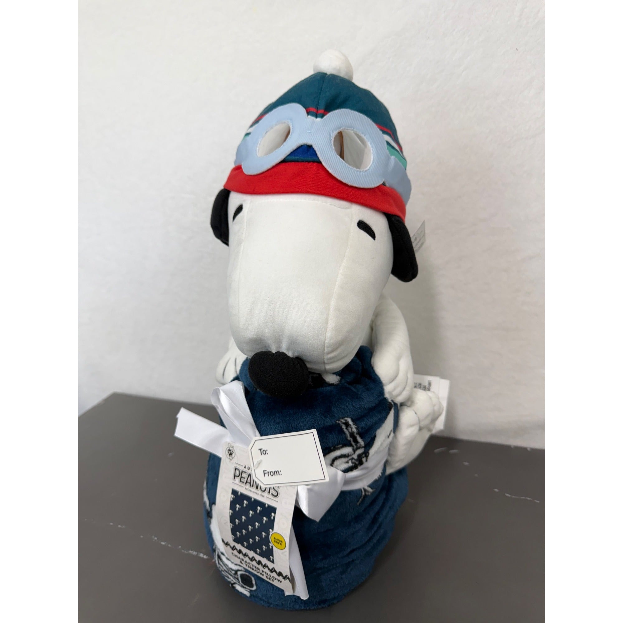 Peanuts Snoopy Character Pillow & Throw Set - Super Soft Plush Design Navy Blue Blanket With Aviator Snoopy Gift Tag