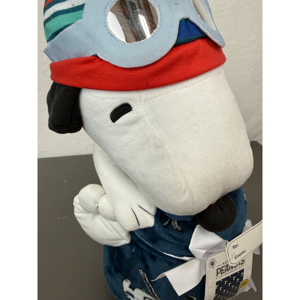Peanuts Snoopy Character Pillow & Throw Set - Super Soft Plush Design Navy Blue Blanket With Aviator Snoopy Gift Tag