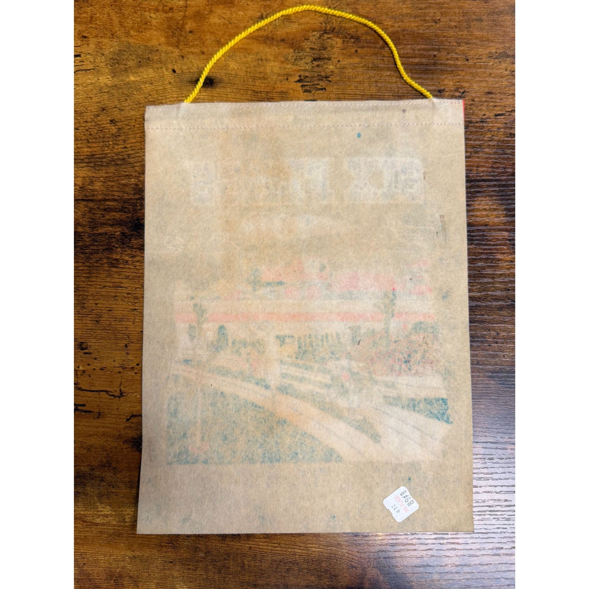 Vintage Six Flags Over Mid-America Hanging Souvenir Colorful Train & Park Scene On Blue Background With Yellow Cord