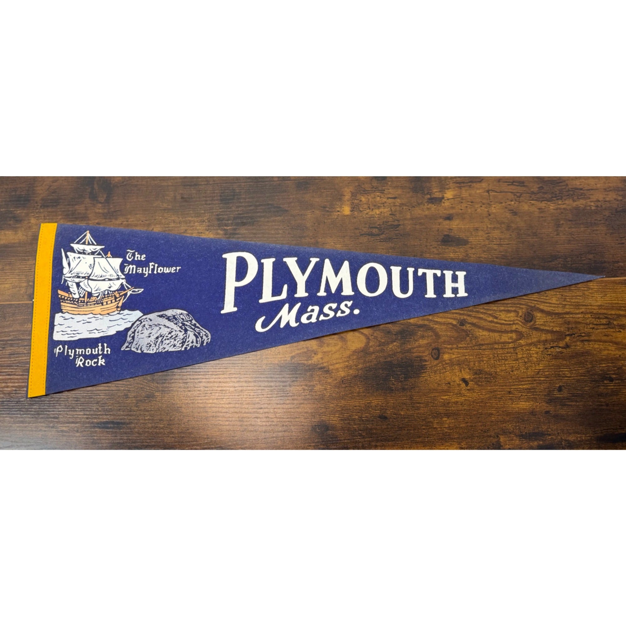 Vintage Plymouth Mass. Pennant With Mayflower & Plymouth Rock Design