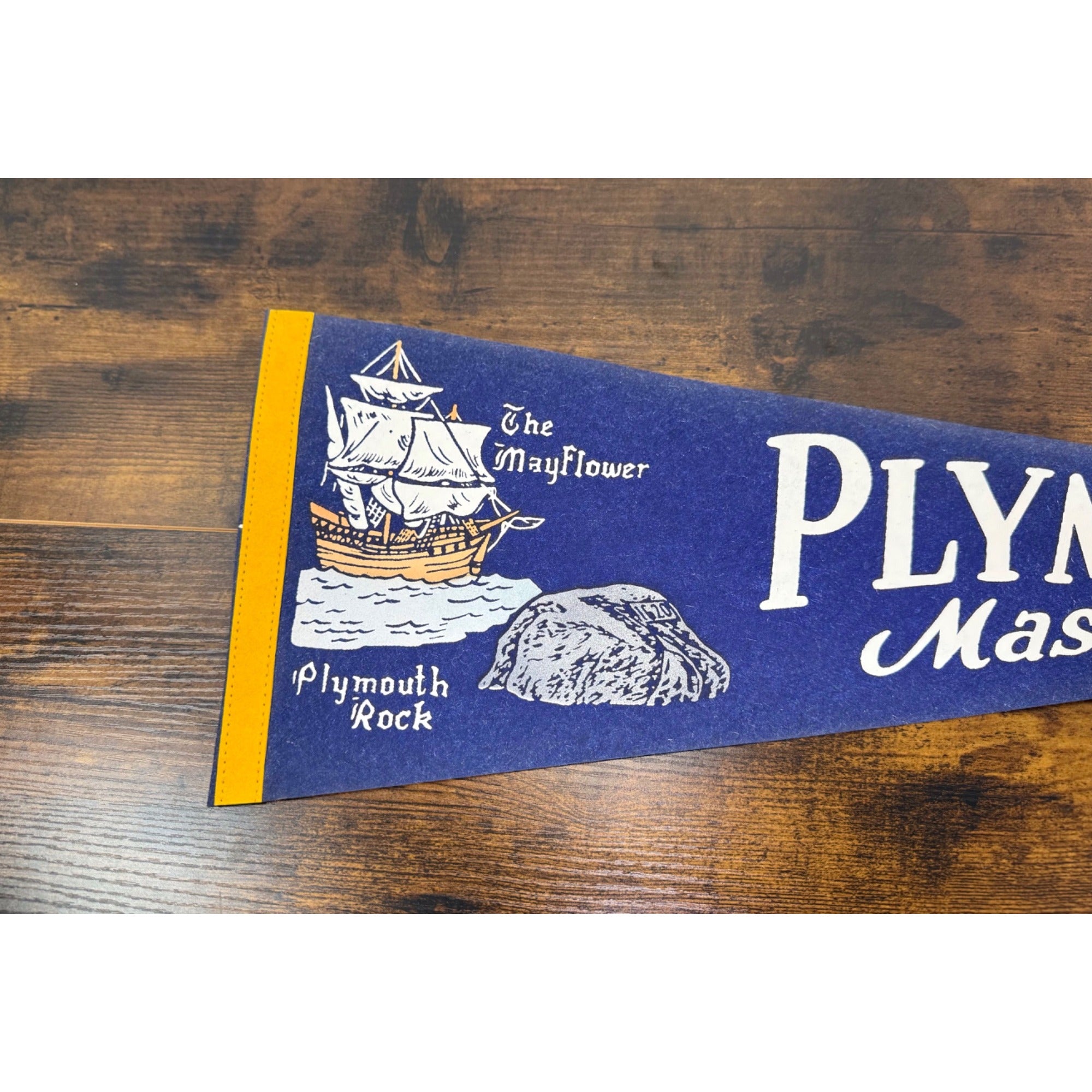 Vintage Plymouth Mass. Pennant With Mayflower & Plymouth Rock Design