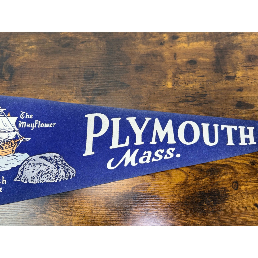 Vintage Plymouth Mass. Pennant With Mayflower & Plymouth Rock Design