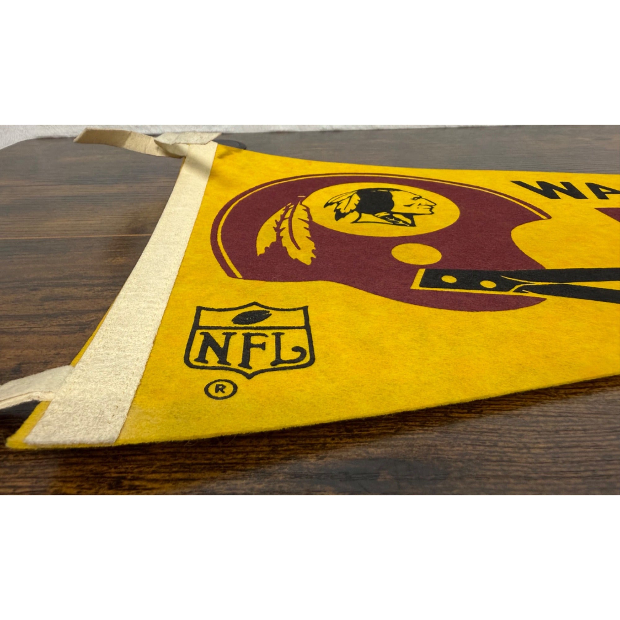 Vintage Washington Redskins NFL Felt Pennant With Helmet Logo - Yellow & Burgundy - Collectible Sports Memorabilia