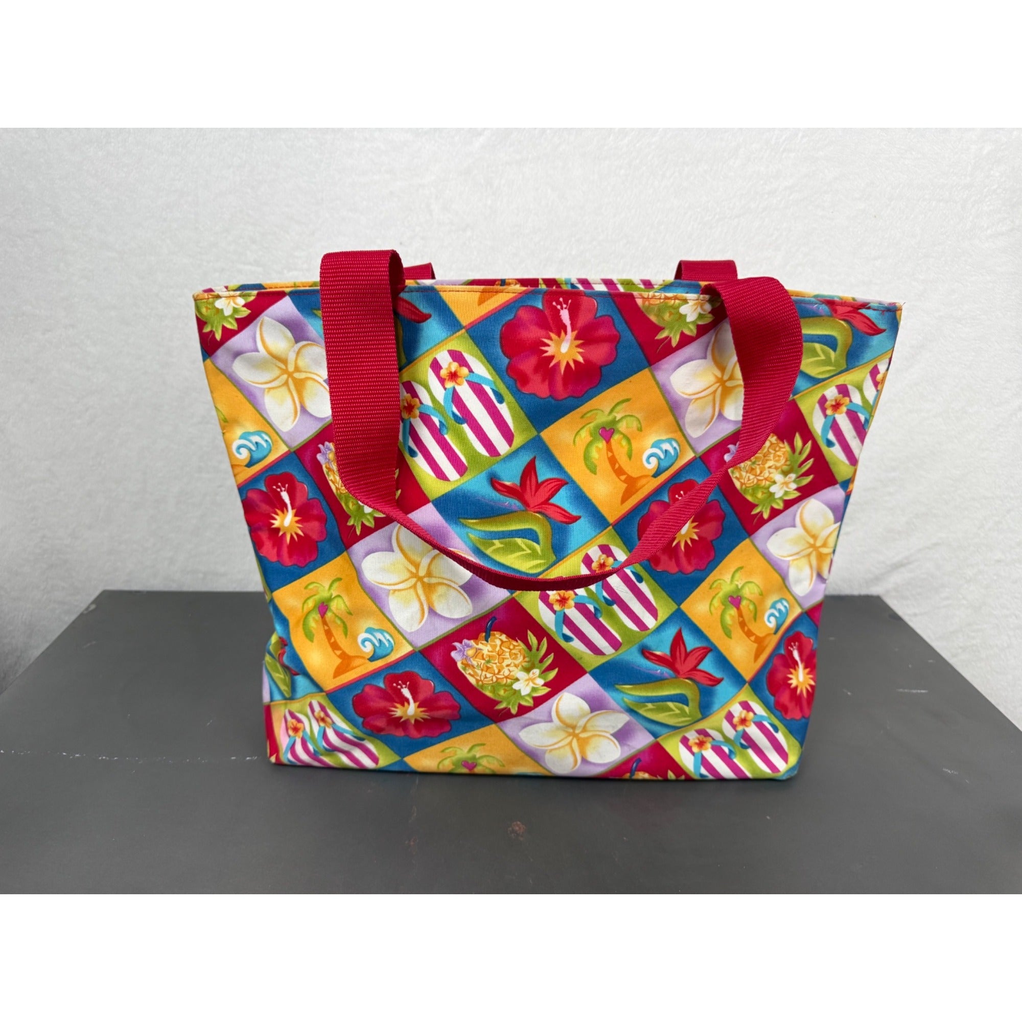 Hawaiian-Style Tote Bag With Colorful Floral & Tropical Print Red Handles